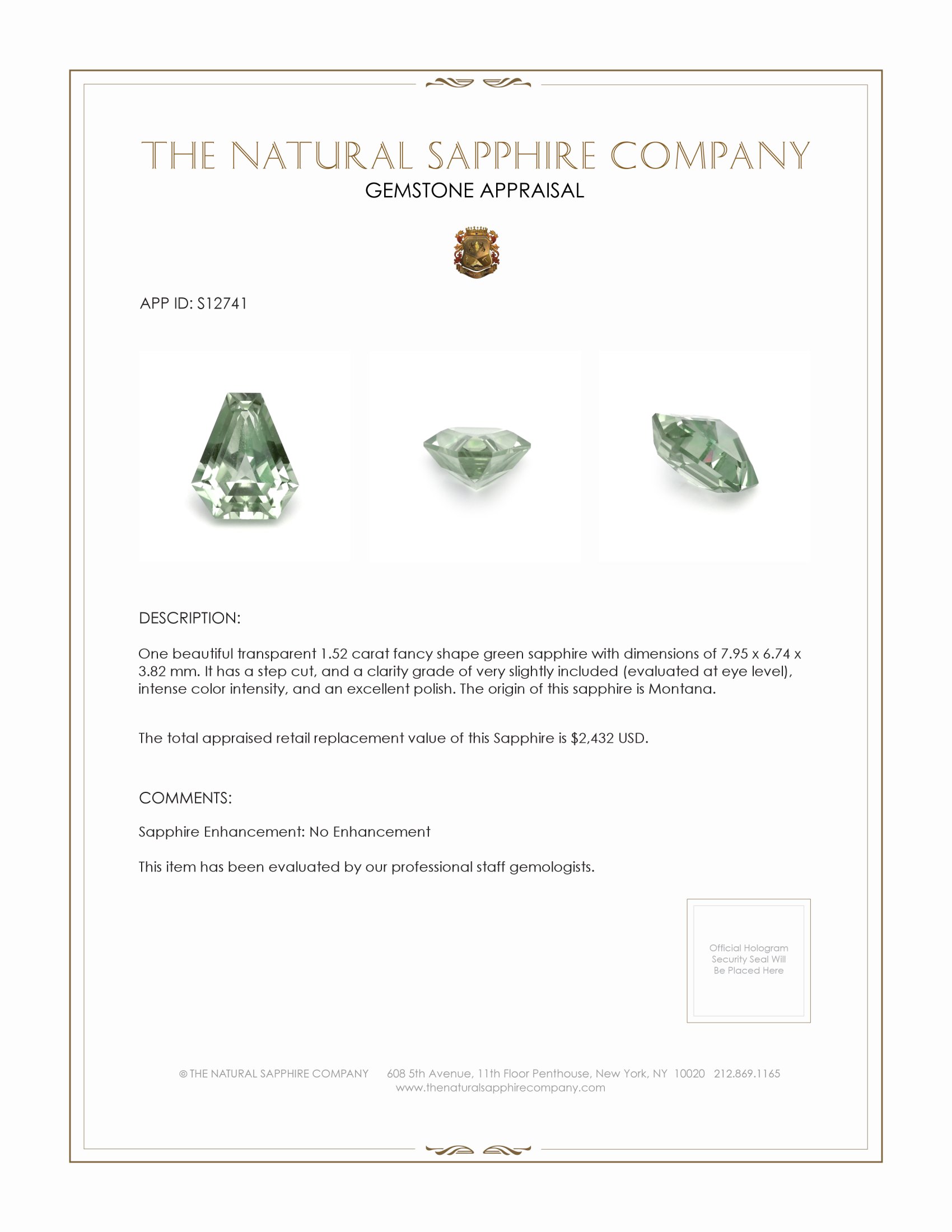1.52 Ct. Green Sapphire from Montana