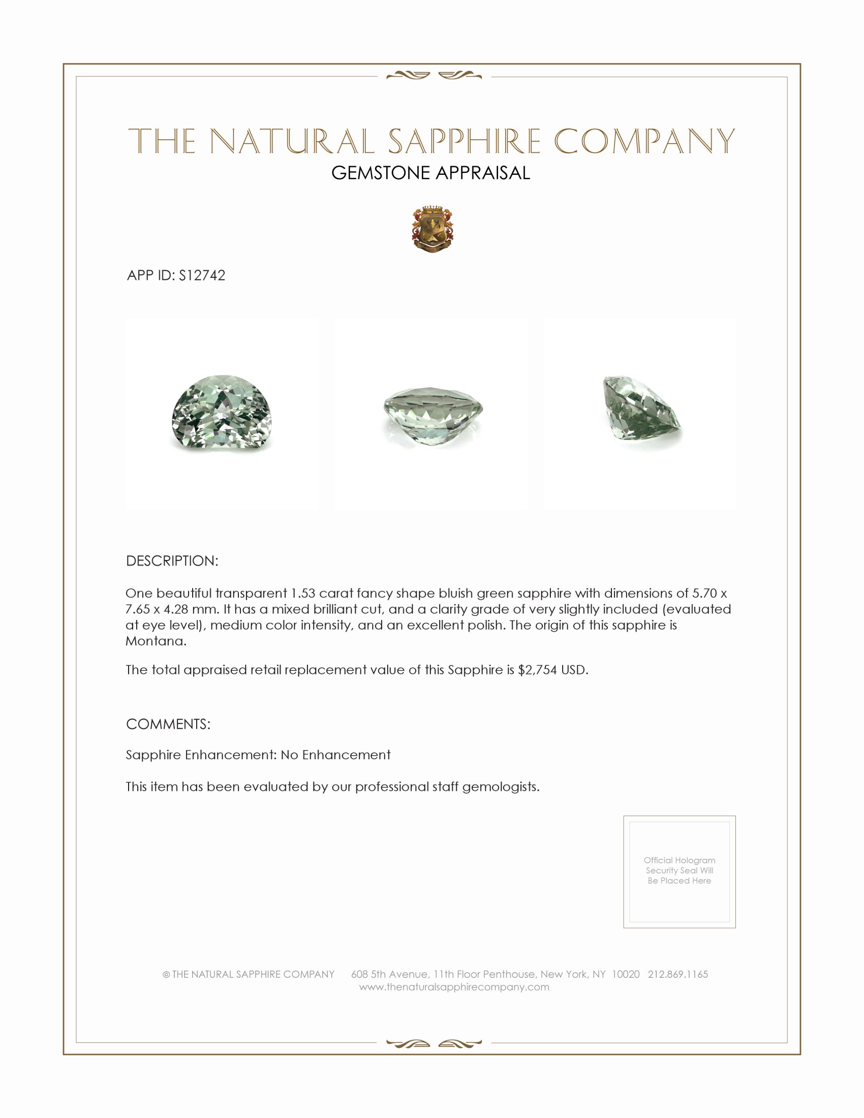 1.53 Ct. Bluish Green Sapphire from Montana