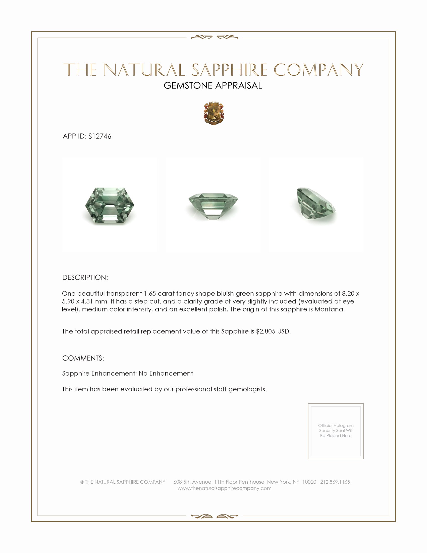 1.65 Ct. Green Sapphire from Montana