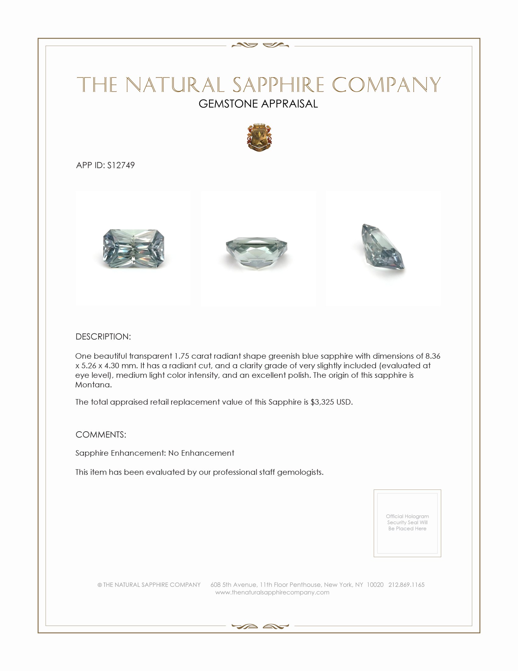 1.75 Ct. Greenish Blue Sapphire from Montana