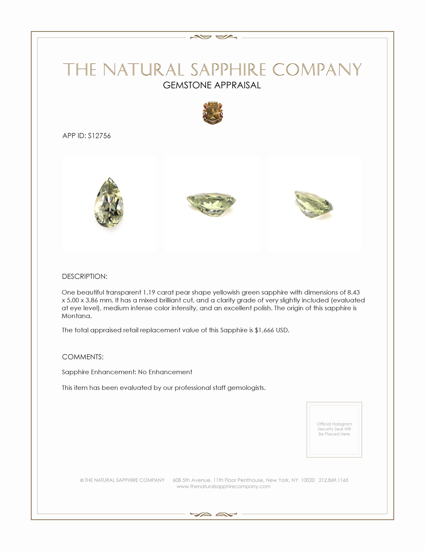 1.19 Ct. Yellowish Green Sapphire from Montana