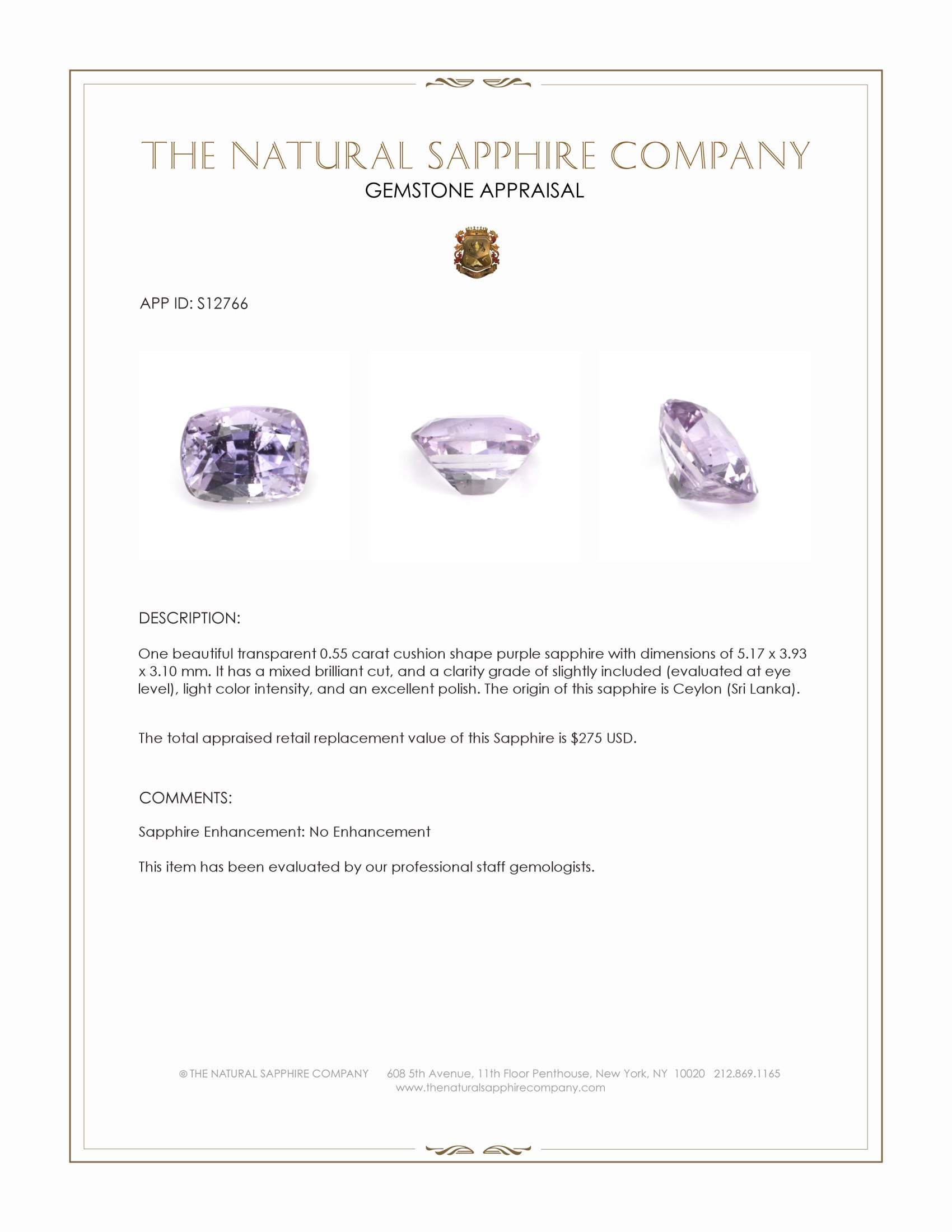 0.55 Ct. Purple Sapphire from Ceylon (Sri Lanka)