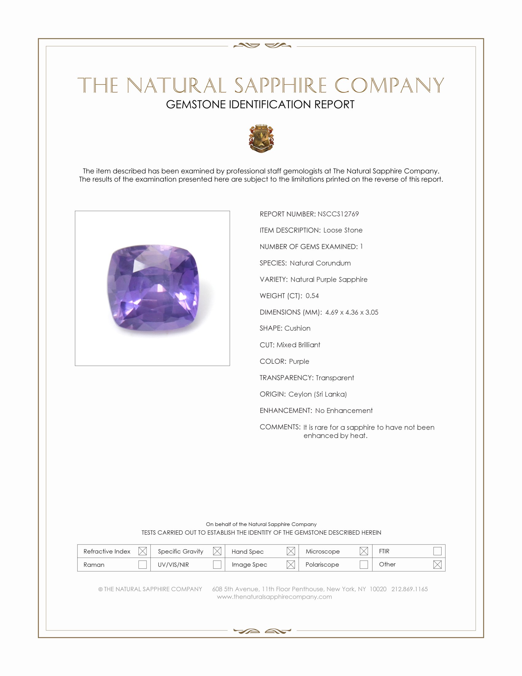0.54 Ct. Purple Sapphire from Ceylon (Sri Lanka)