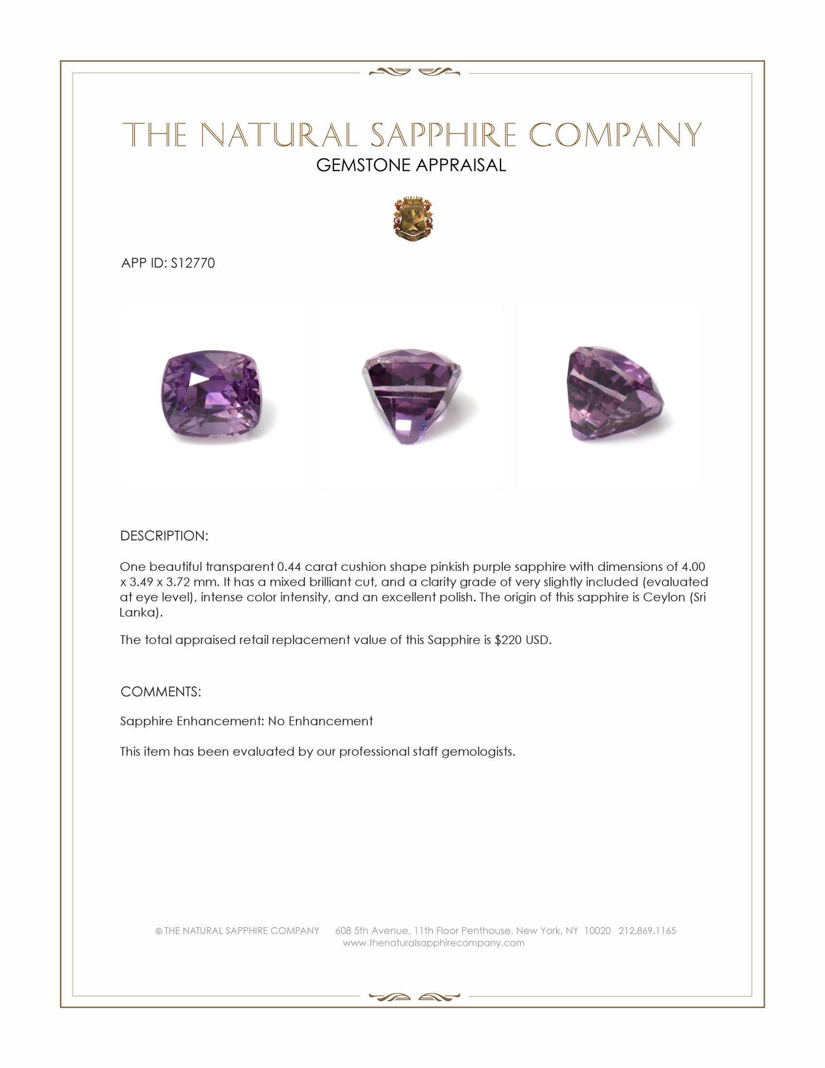 0.44 Ct. Pinkish Purple Sapphire from Ceylon (Sri Lanka)