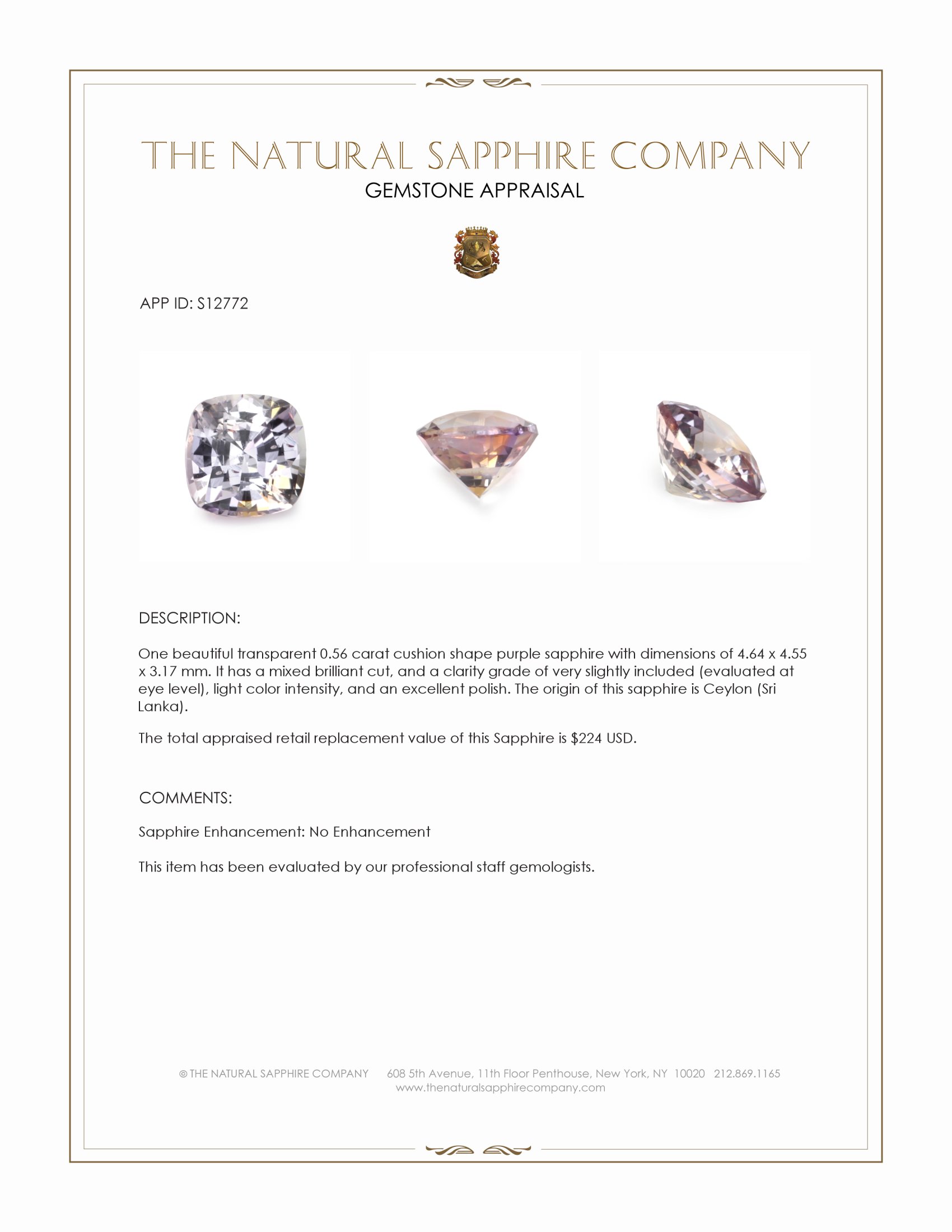 0.56 Ct. Purple Sapphire from Ceylon (Sri Lanka)