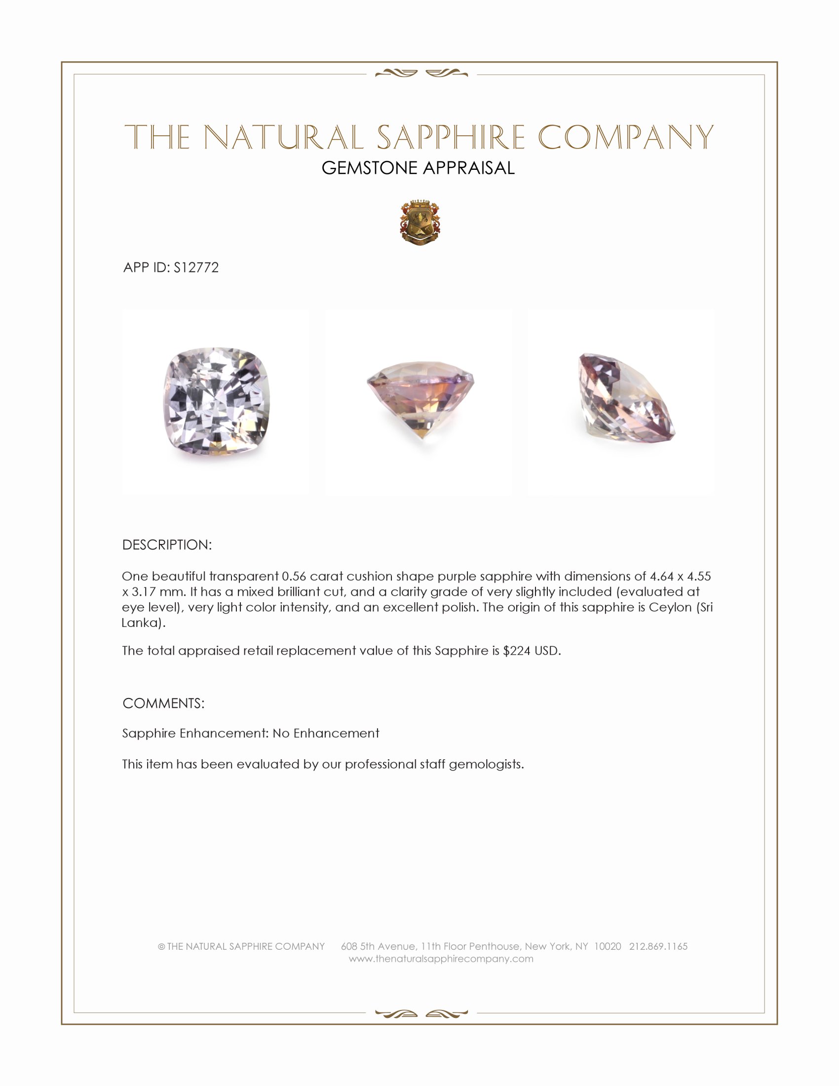 0.56 Ct. Purple Sapphire from Ceylon (Sri Lanka)