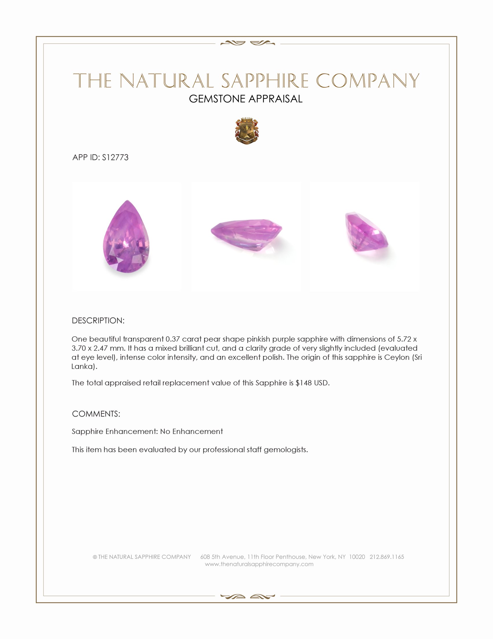 0.37 Ct. Pinkish Purple Sapphire from Ceylon (Sri Lanka)