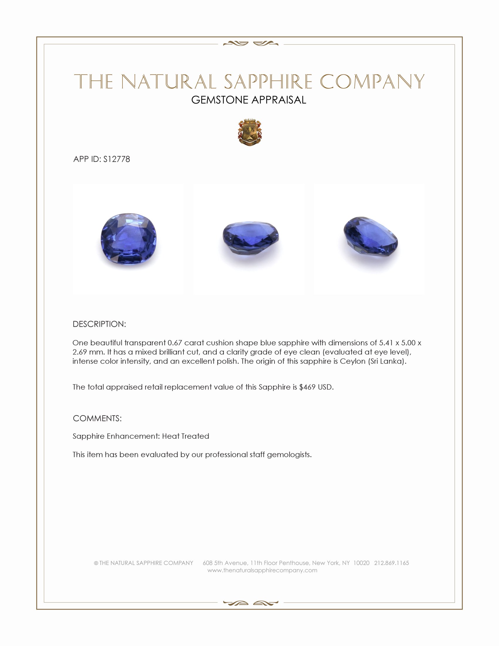 0.67 Ct. Blue Sapphire from Ceylon (Sri Lanka)