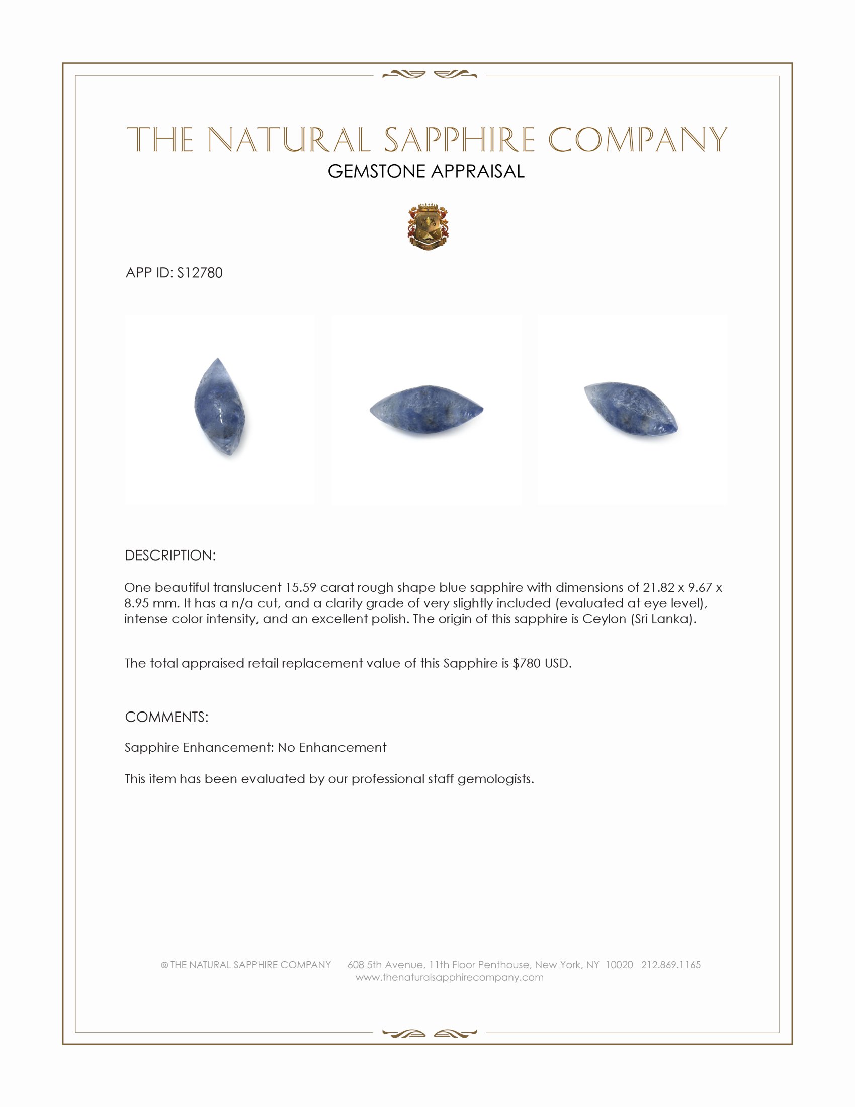 15.59 Ct. Blue Rough Sapphire from Ceylon (Sri Lanka)