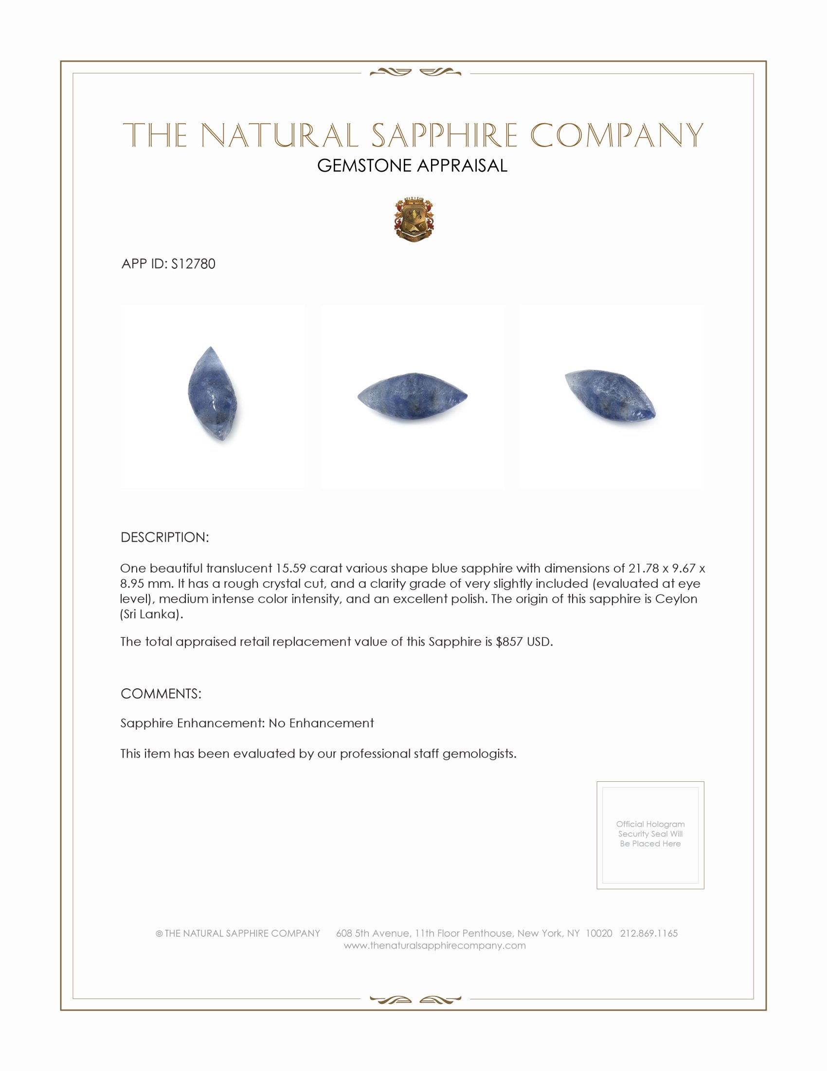 15.59 Ct. Blue Sapphire Crystal from Ceylon (Sri Lanka)