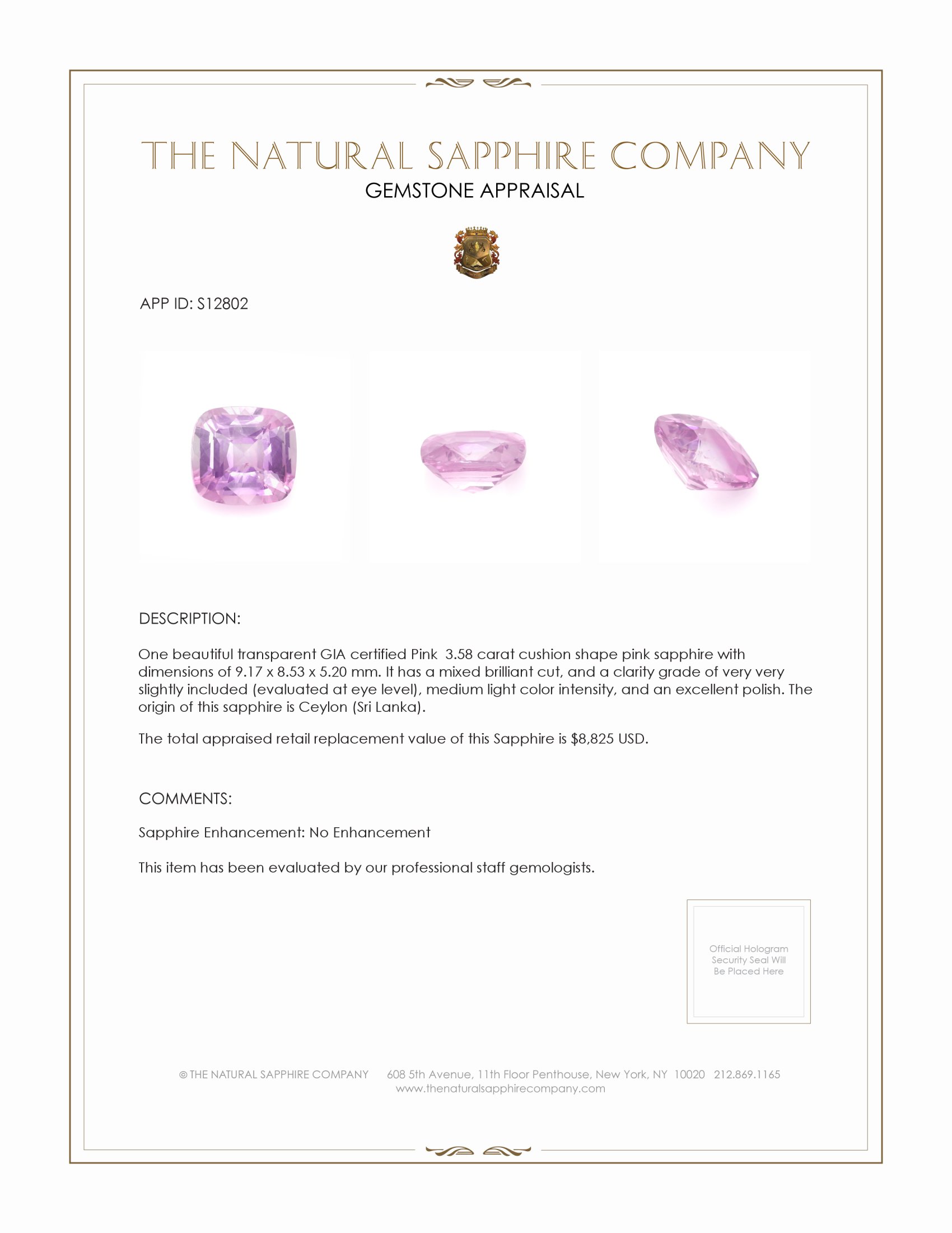 3.58 Ct. Pink Sapphire from Ceylon (Sri Lanka)