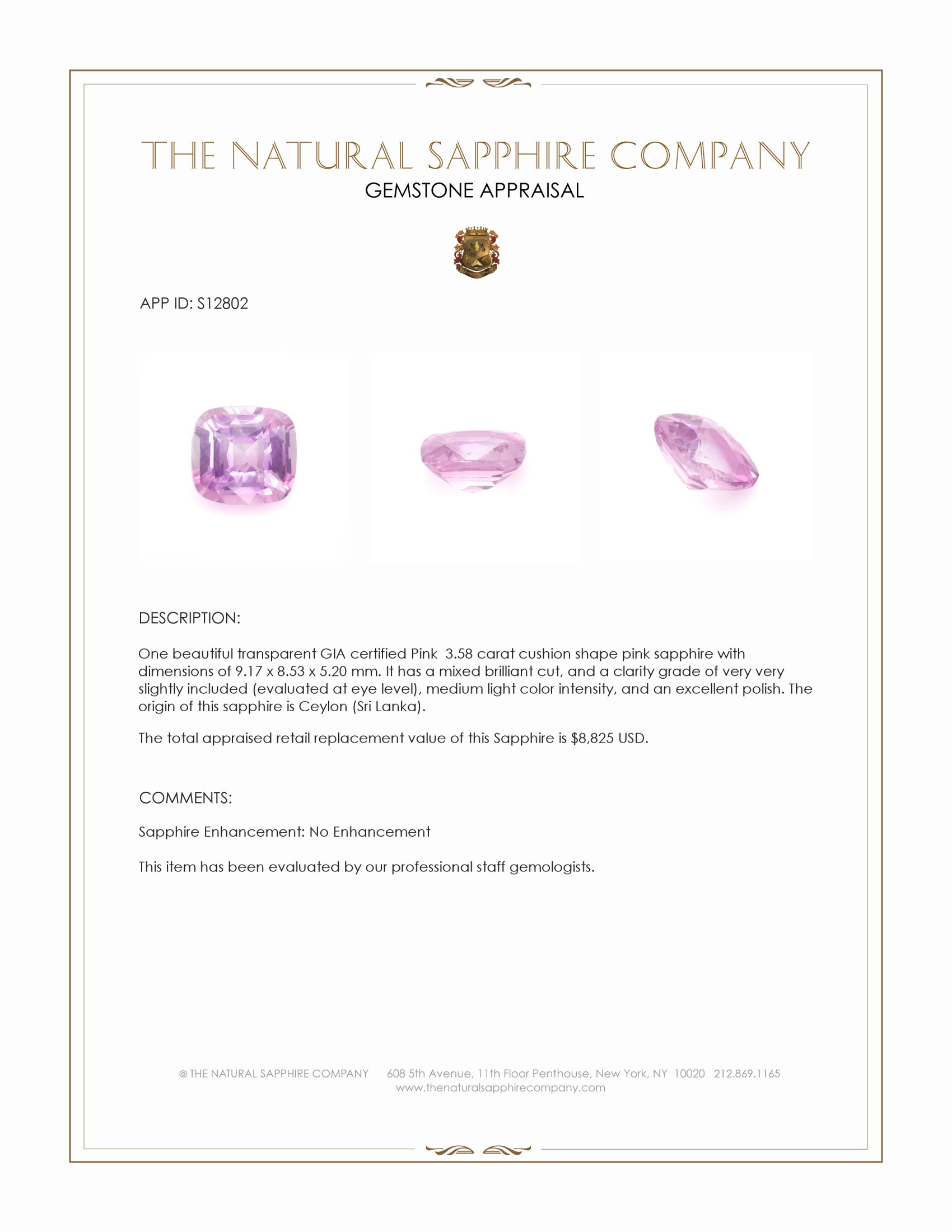 3.58 Ct. Pink Sapphire from Ceylon (Sri Lanka)