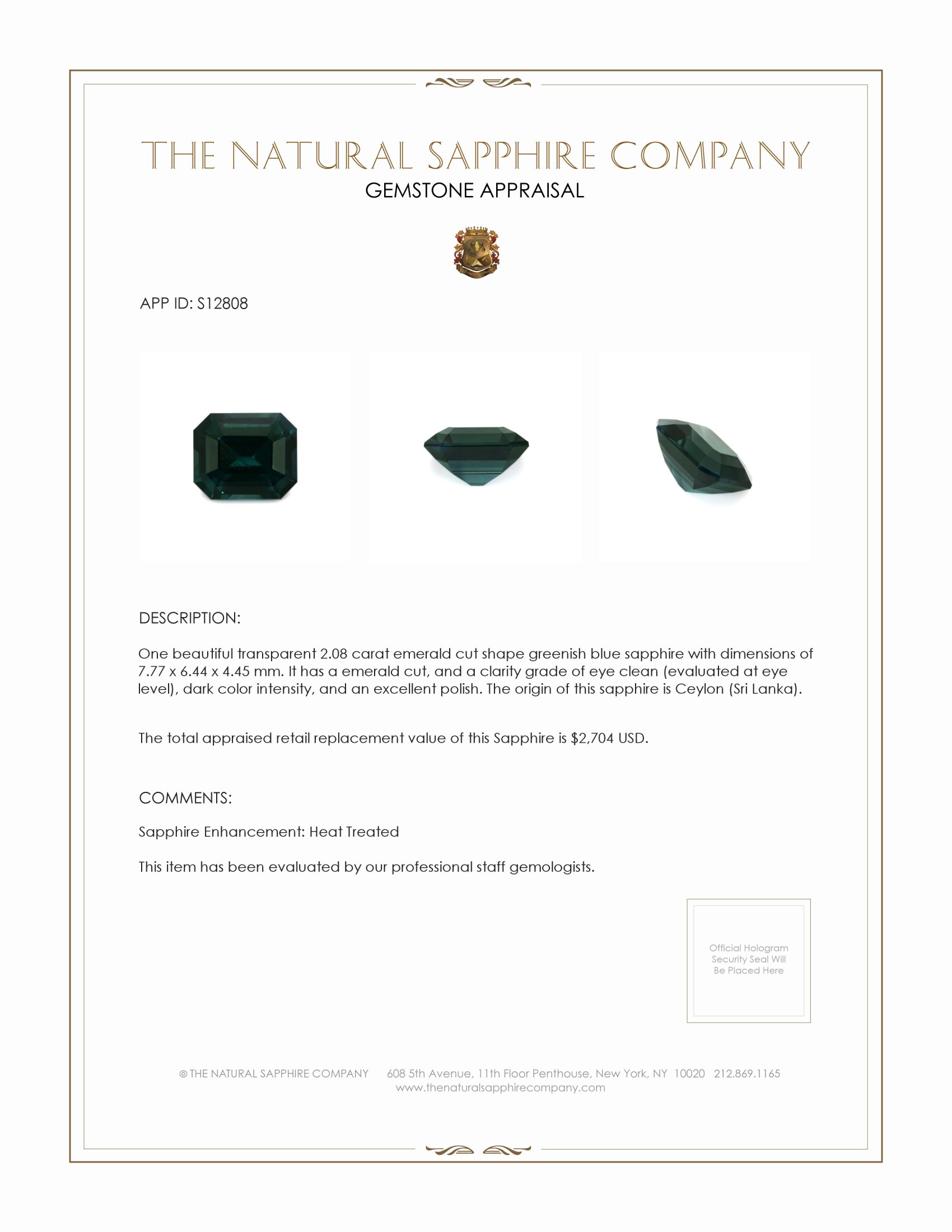 2.08 Ct. Greenish Blue Sapphire from Ceylon (Sri Lanka)
