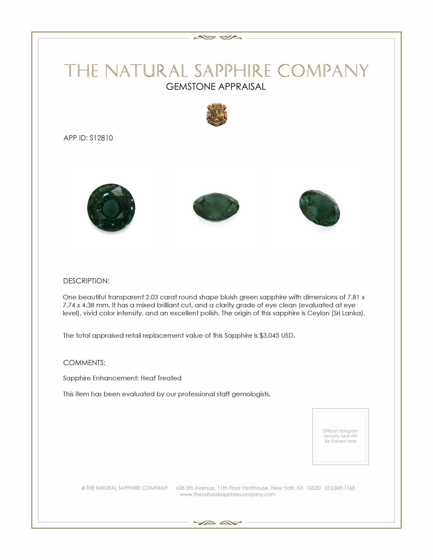 2.03 Ct. Bluish Green Sapphire from Ceylon (Sri Lanka)