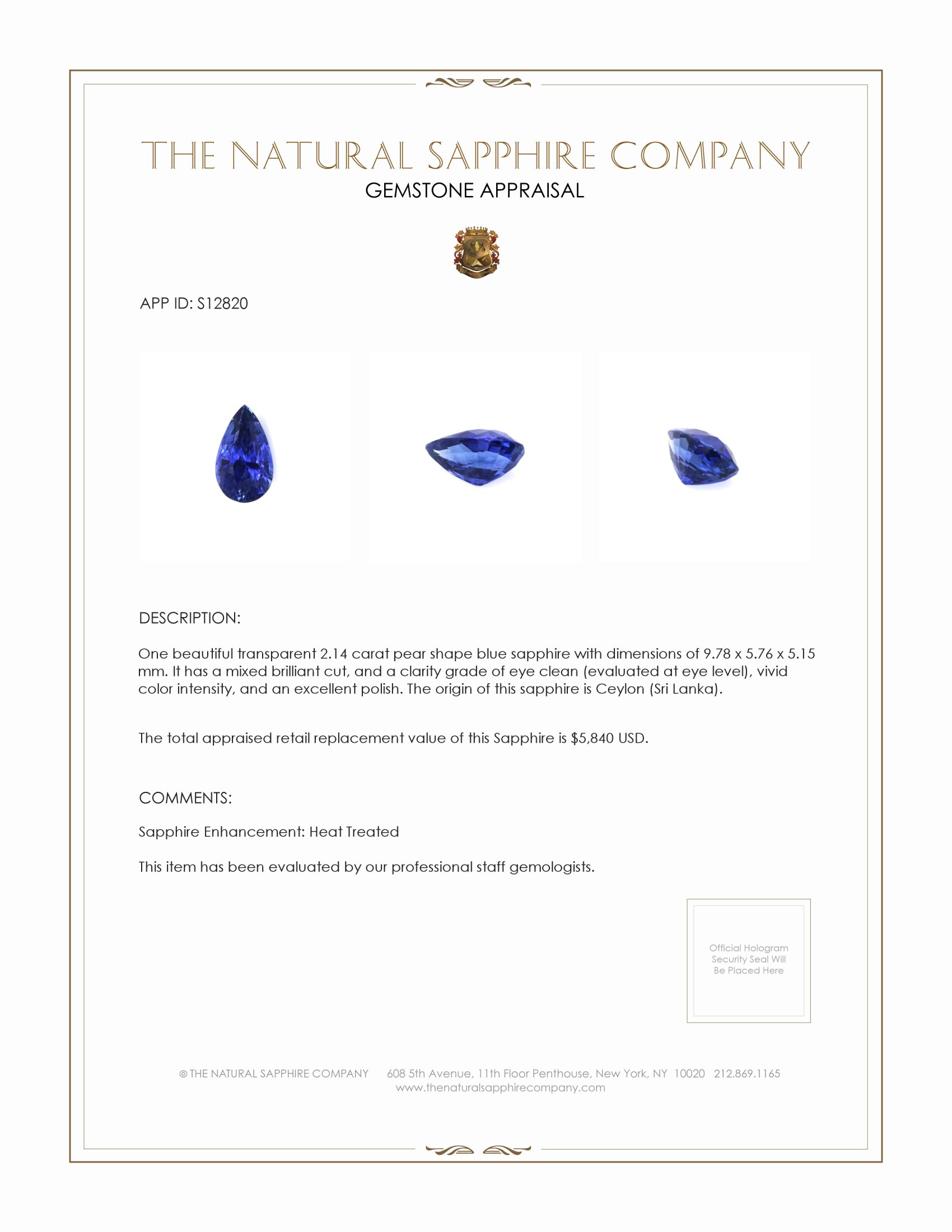 2.14 Ct. Blue Sapphire from Ceylon (Sri Lanka)