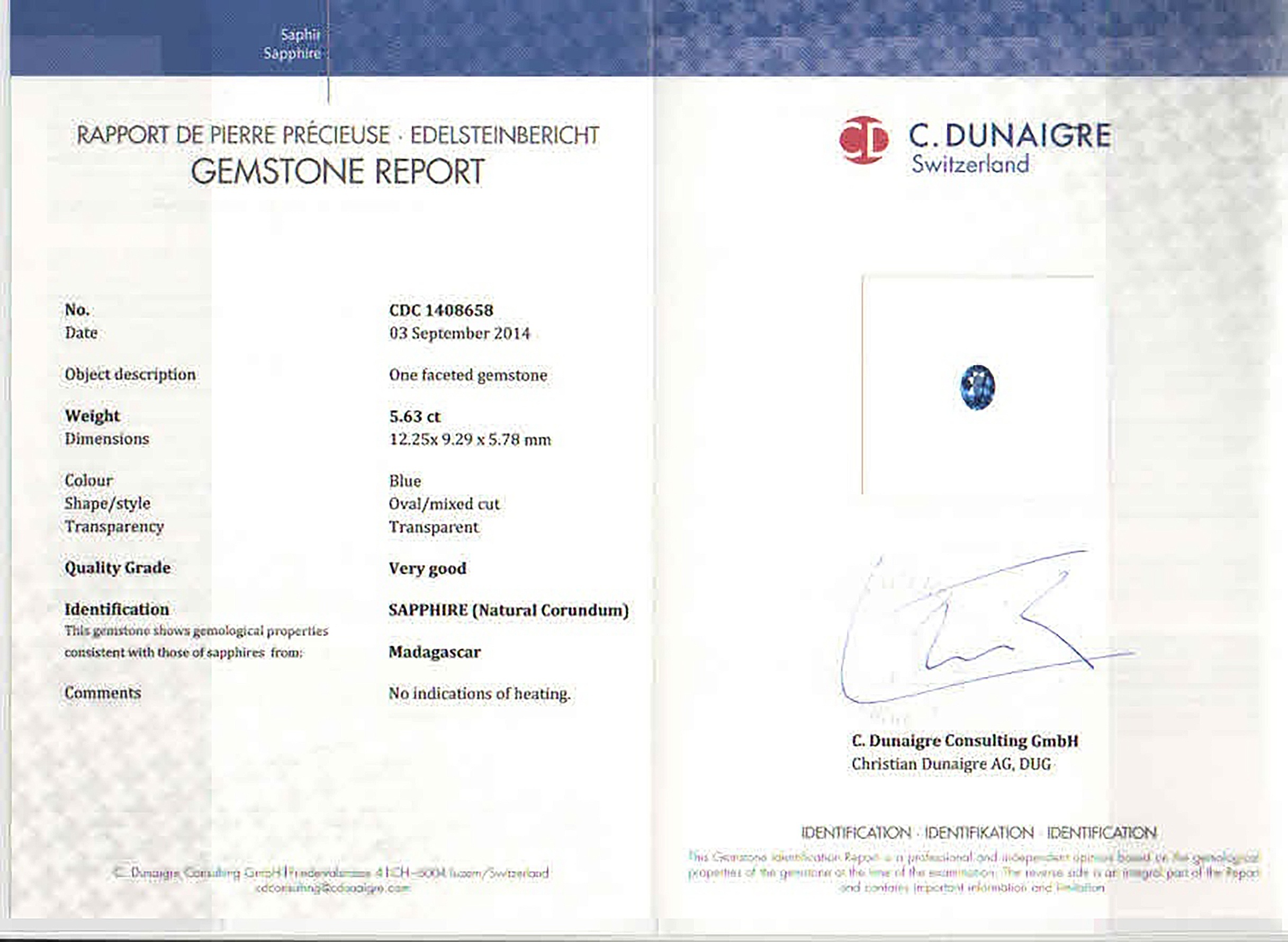 5.63 Ct. Blue Sapphire from Madagascar