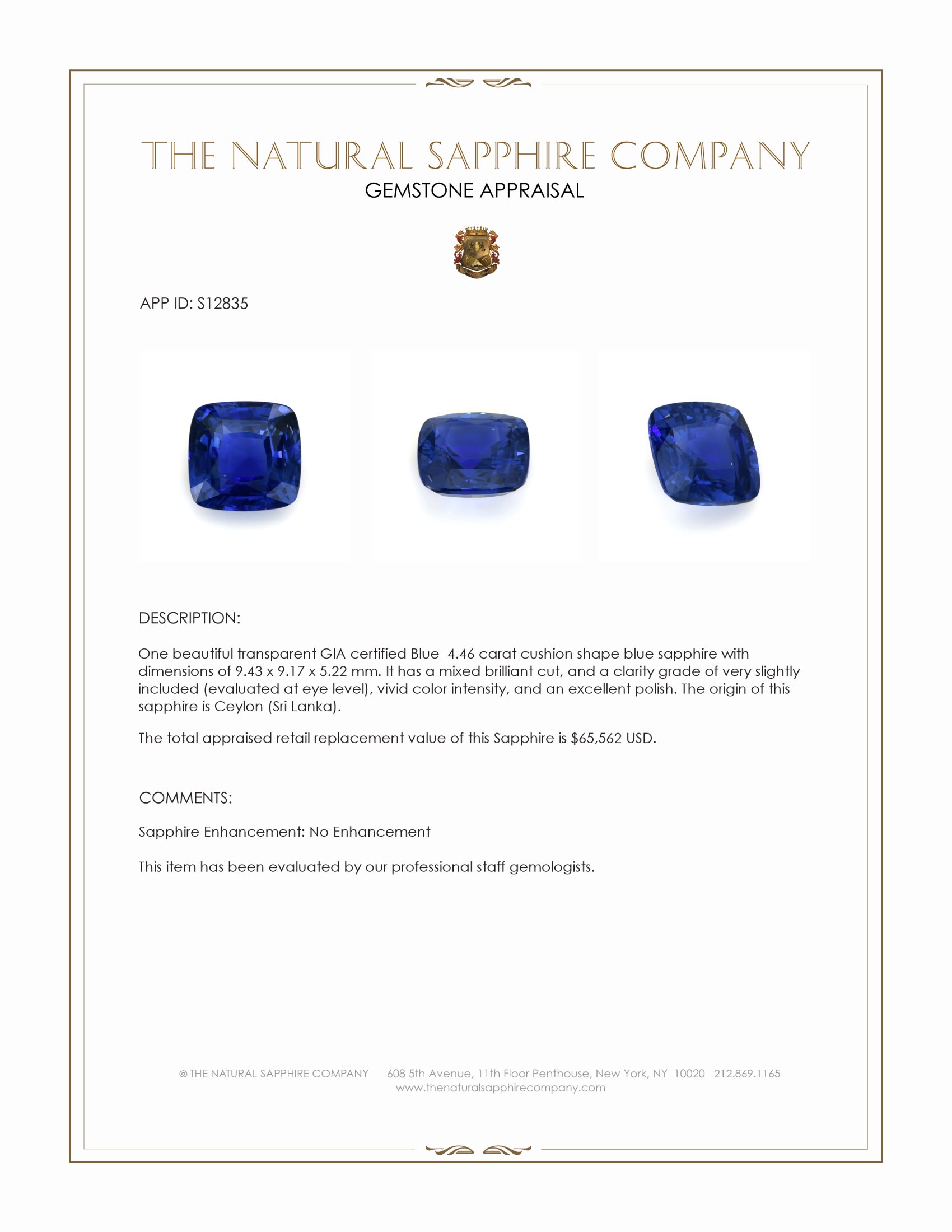 4.46 Ct. Blue Sapphire from Ceylon (Sri Lanka)