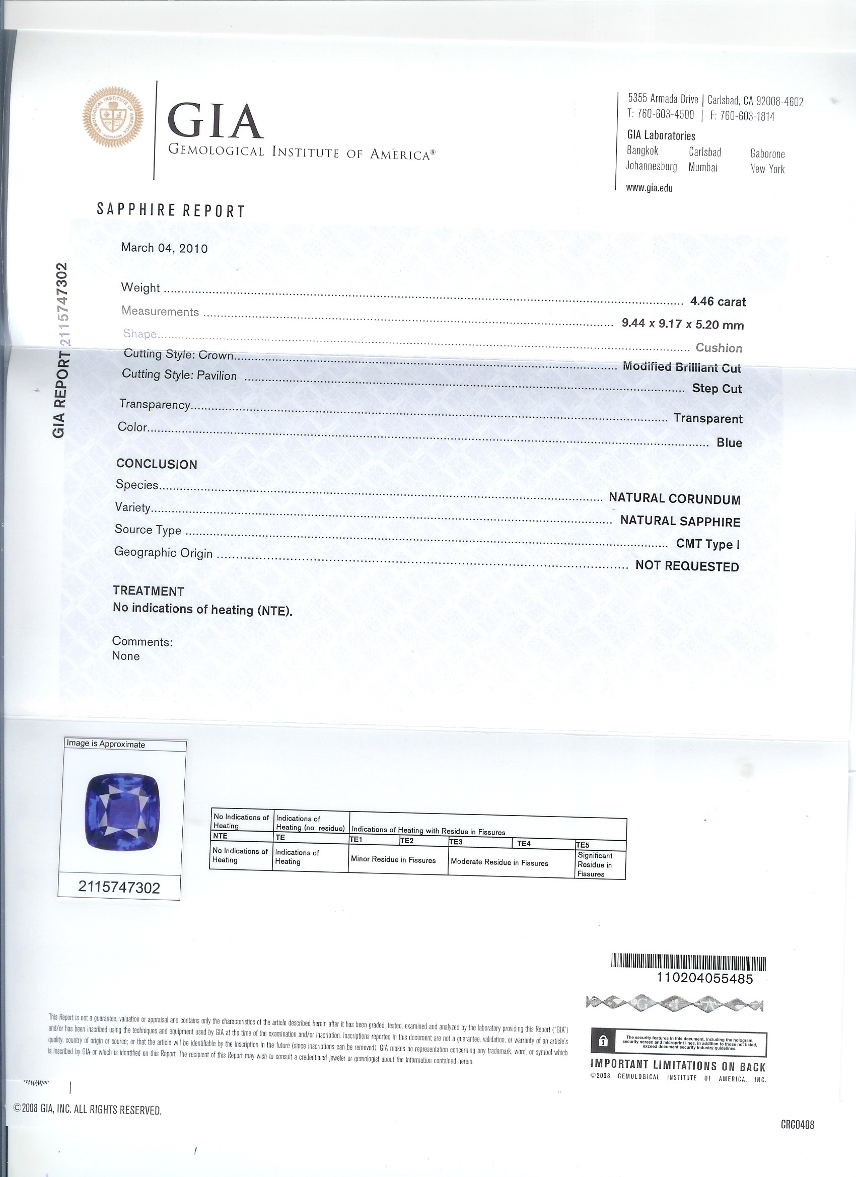 4.46 Ct. Blue Sapphire from Ceylon (Sri Lanka)