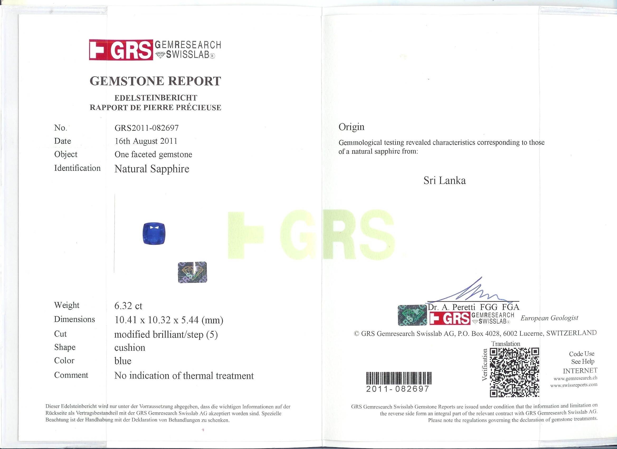 6.32 Ct. Blue Sapphire from Ceylon (Sri Lanka)