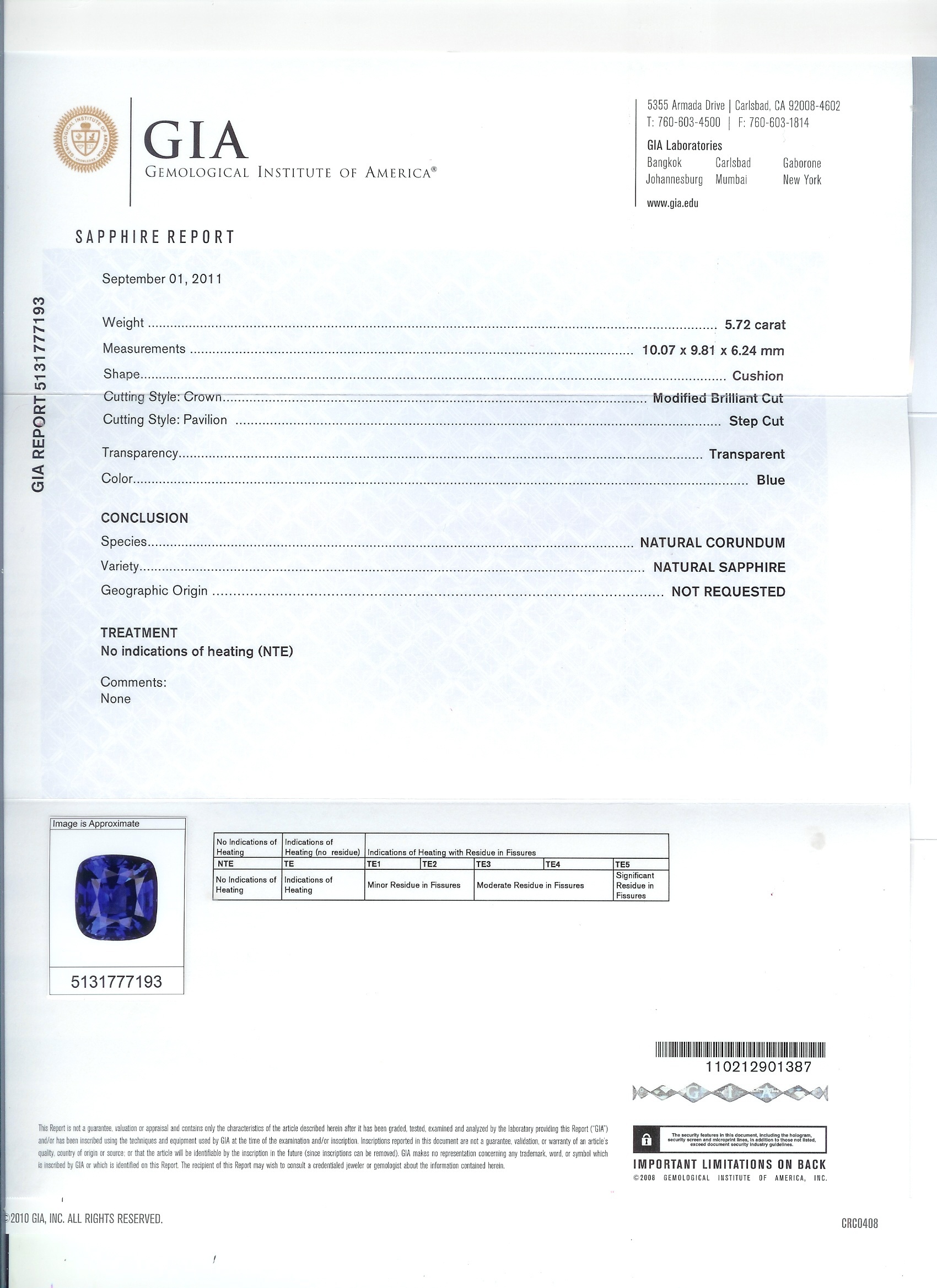 5.72 Ct. Blue Sapphire from Ceylon (Sri Lanka)