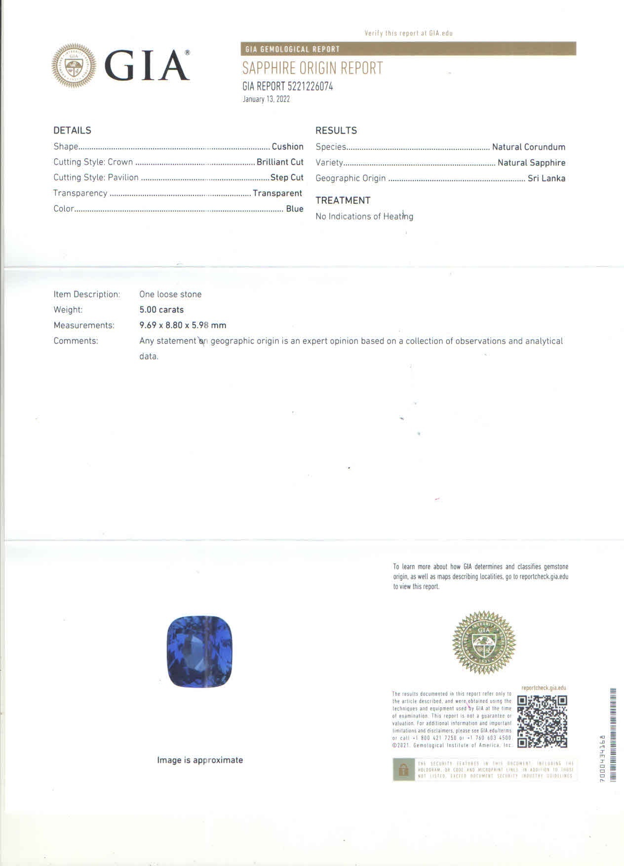 5.00 Ct. Blue Sapphire from Ceylon (Sri Lanka)
