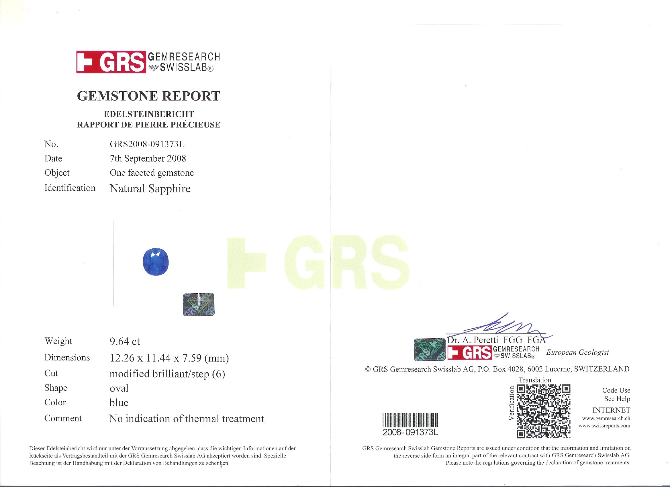 9.64 Ct. Blue Sapphire from Ceylon (Sri Lanka)