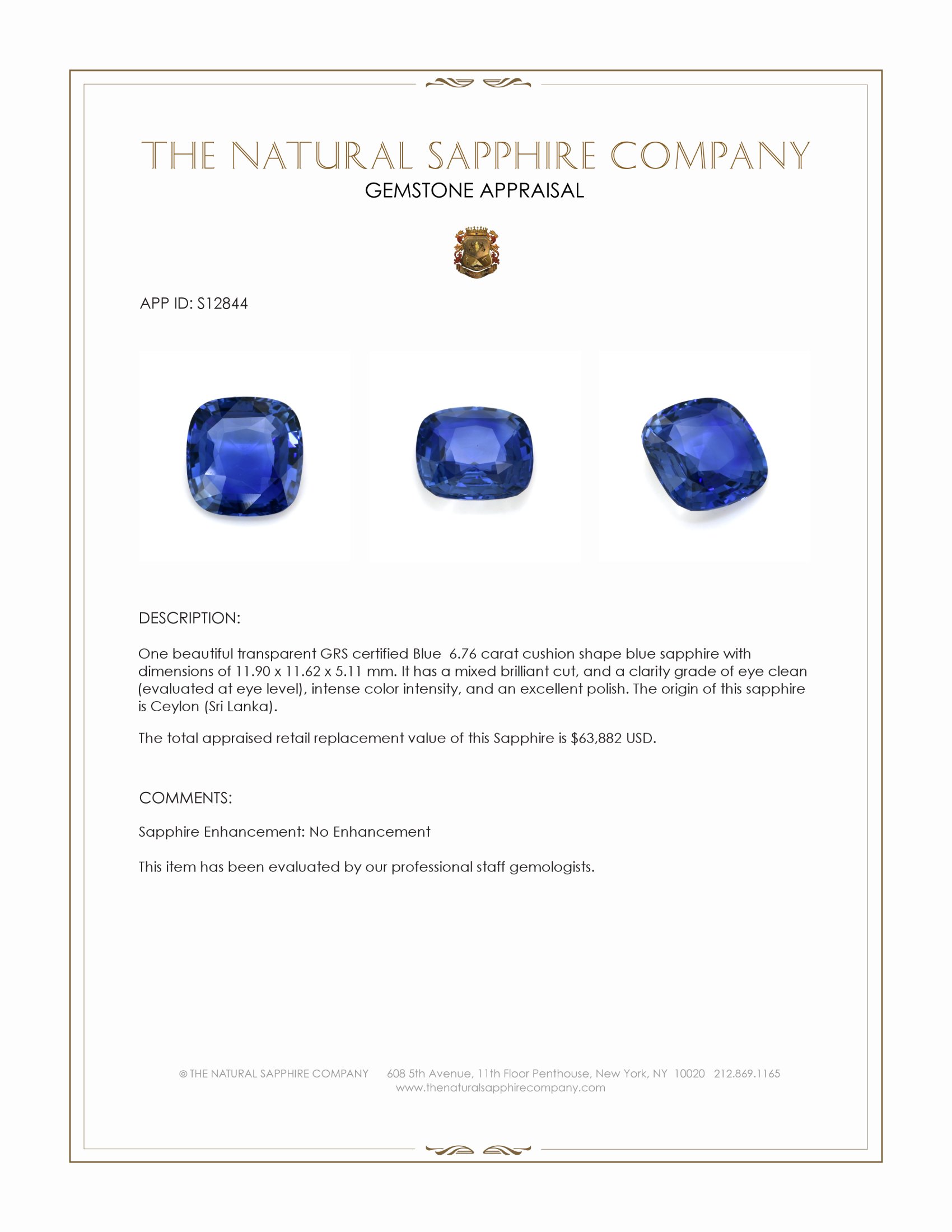 6.76 Ct. Blue Sapphire from Ceylon (Sri Lanka)