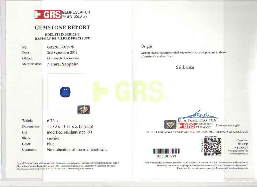 6.76 Ct. Blue Sapphire from Ceylon (Sri Lanka)