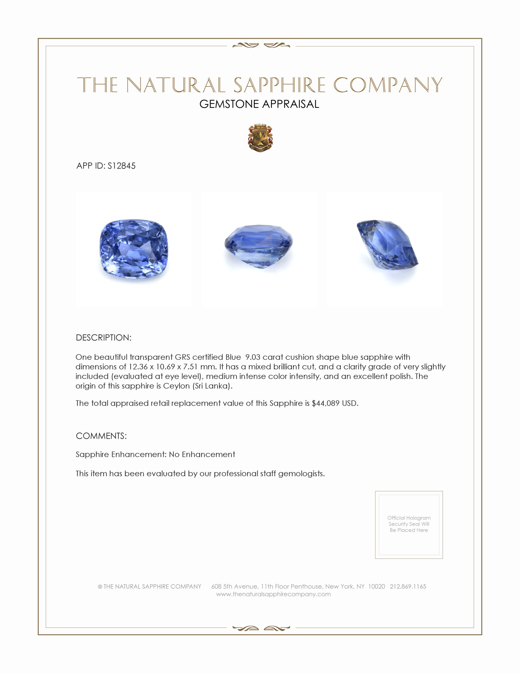 9.03 Ct. Blue Sapphire from Ceylon (Sri Lanka)