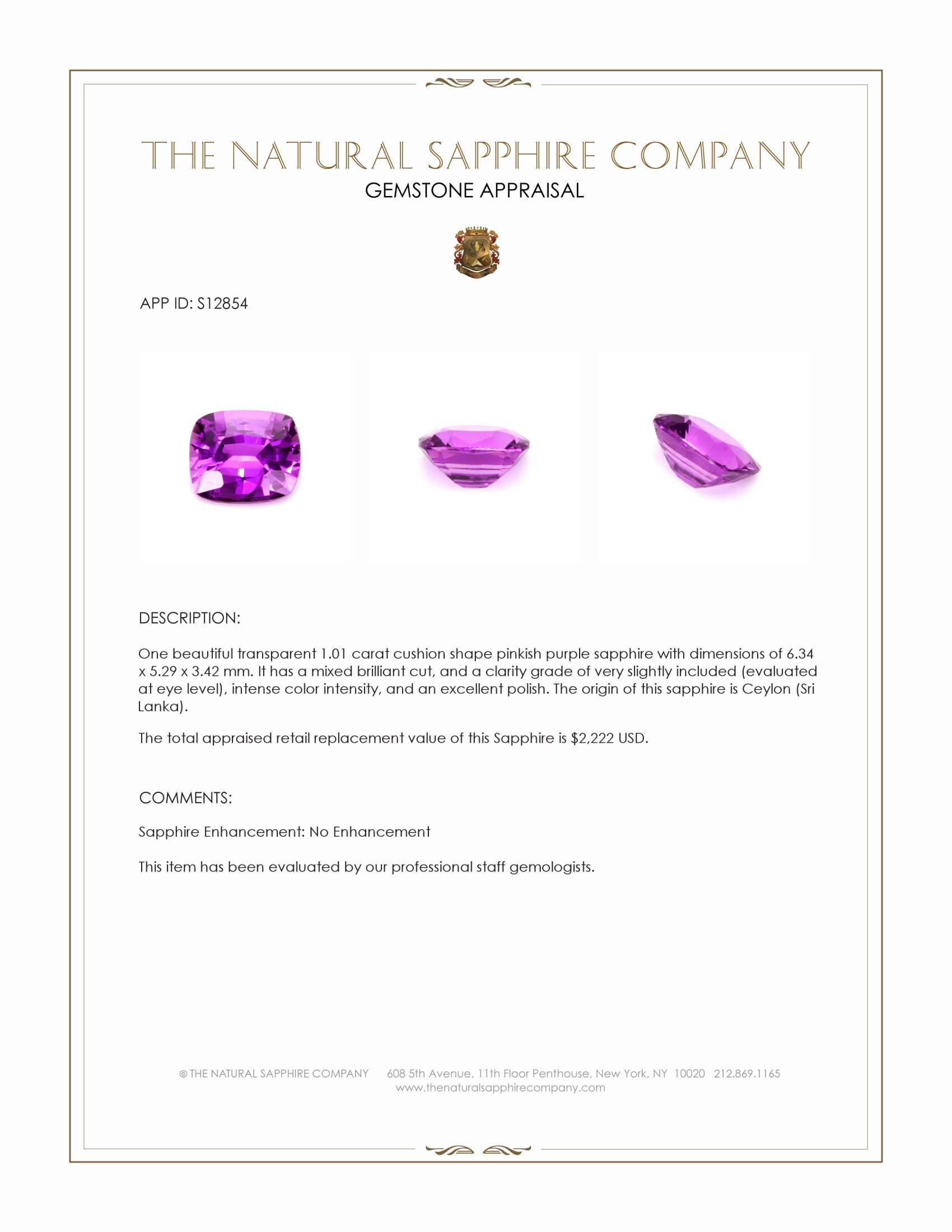 1.01 Ct. Pinkish Purple Sapphire from Ceylon (Sri Lanka)