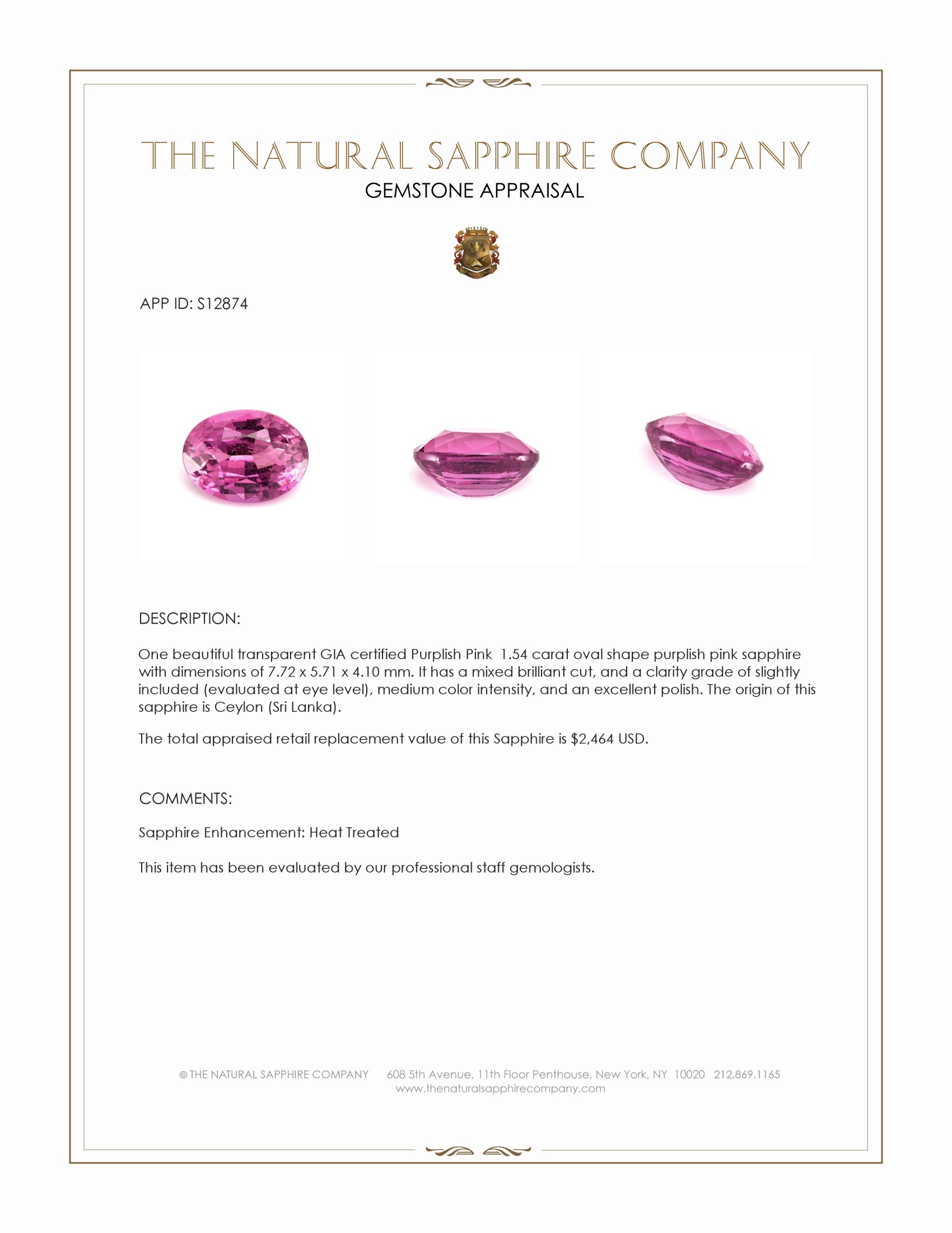 1.54 Ct. Purplish Pink Sapphire from Ceylon (Sri Lanka)