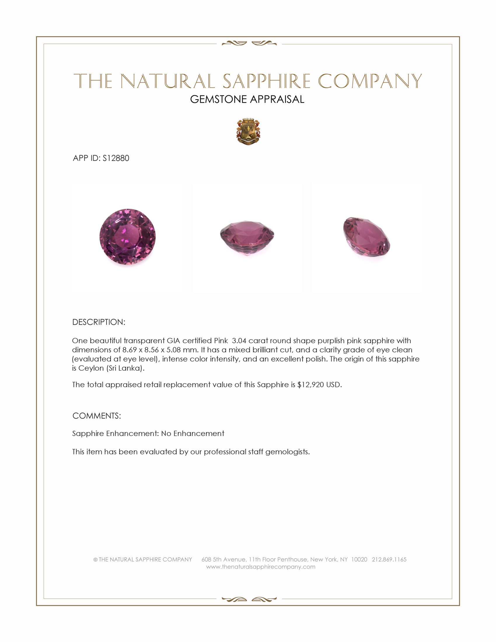3.04 Ct. Purplish Pink Sapphire from Ceylon (Sri Lanka)