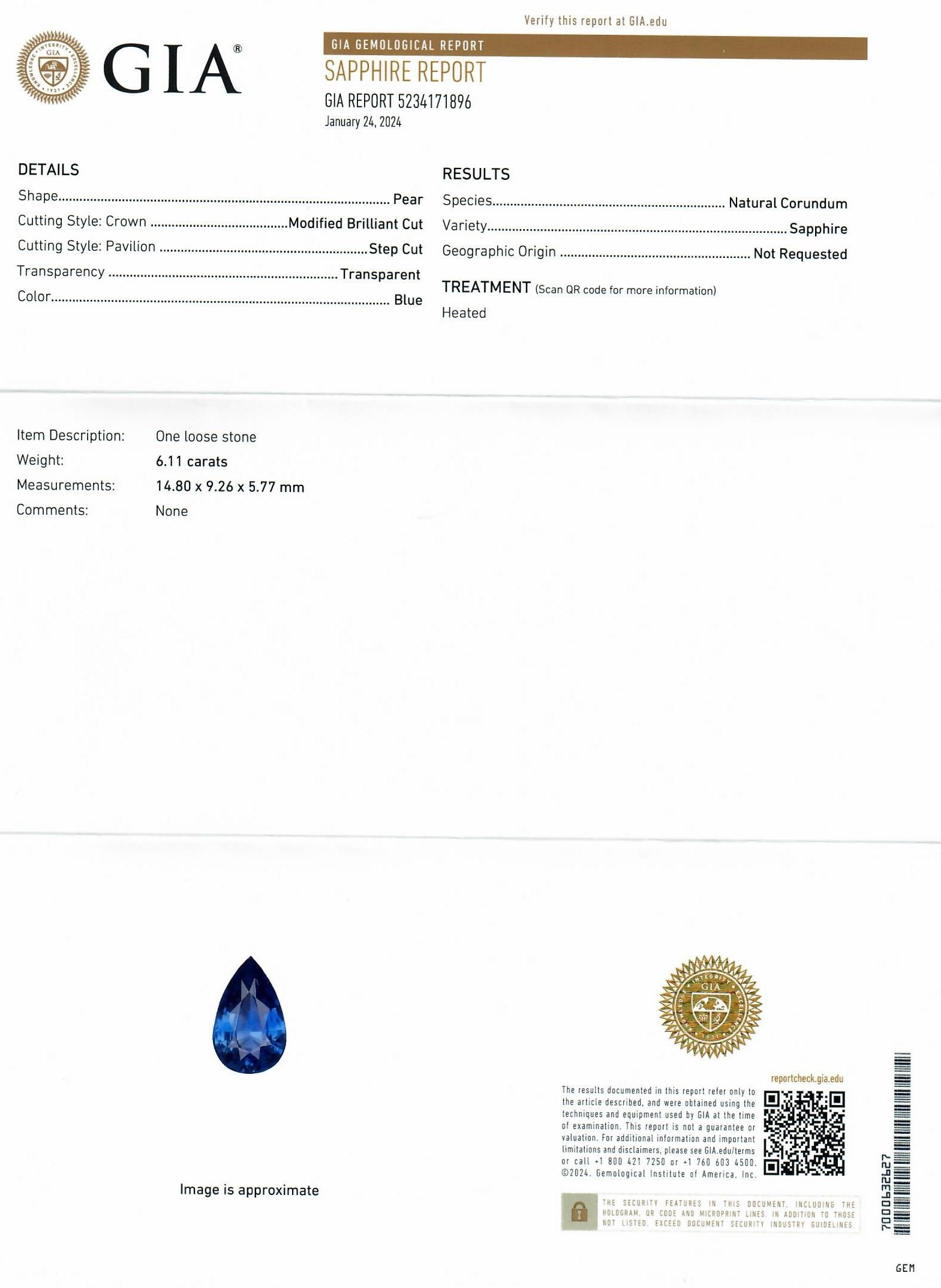 6.11 Ct. Blue Sapphire from Ceylon (Sri Lanka)