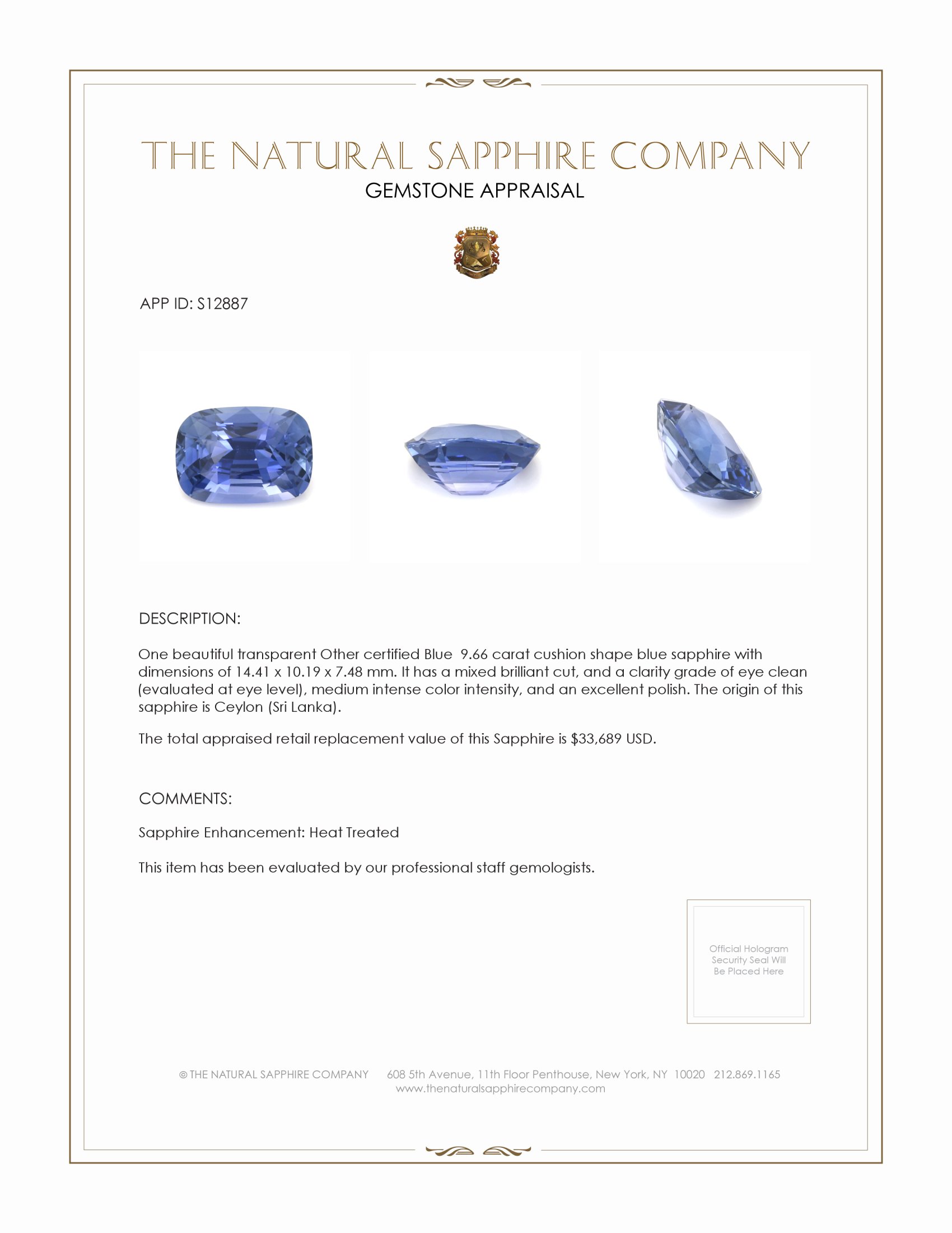 9.66 Ct. Blue Sapphire from Ceylon (Sri Lanka)