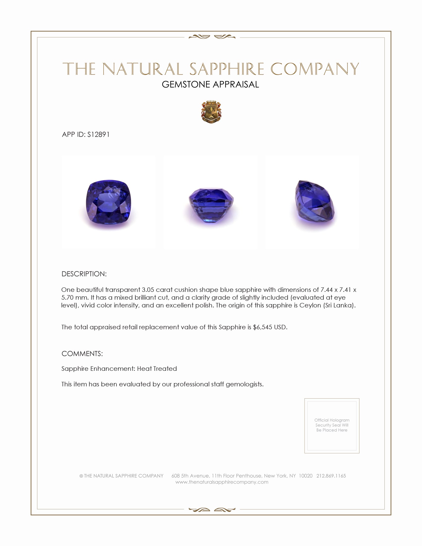 3.05 Ct. Blue Sapphire from Ceylon (Sri Lanka)