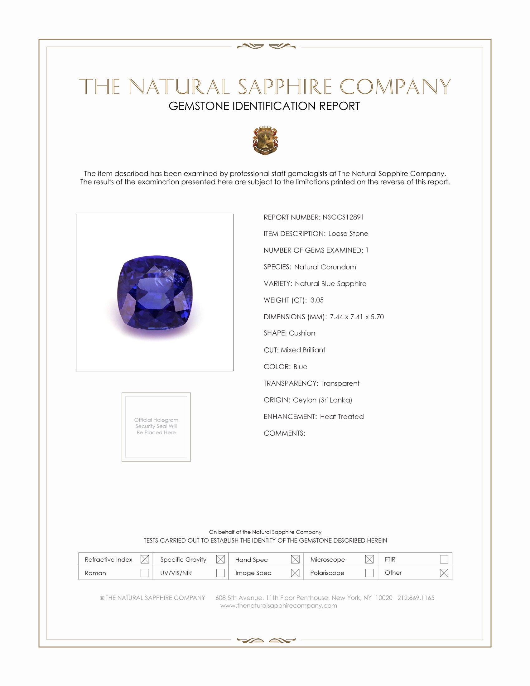 3.05 Ct. Blue Sapphire from Ceylon (Sri Lanka)