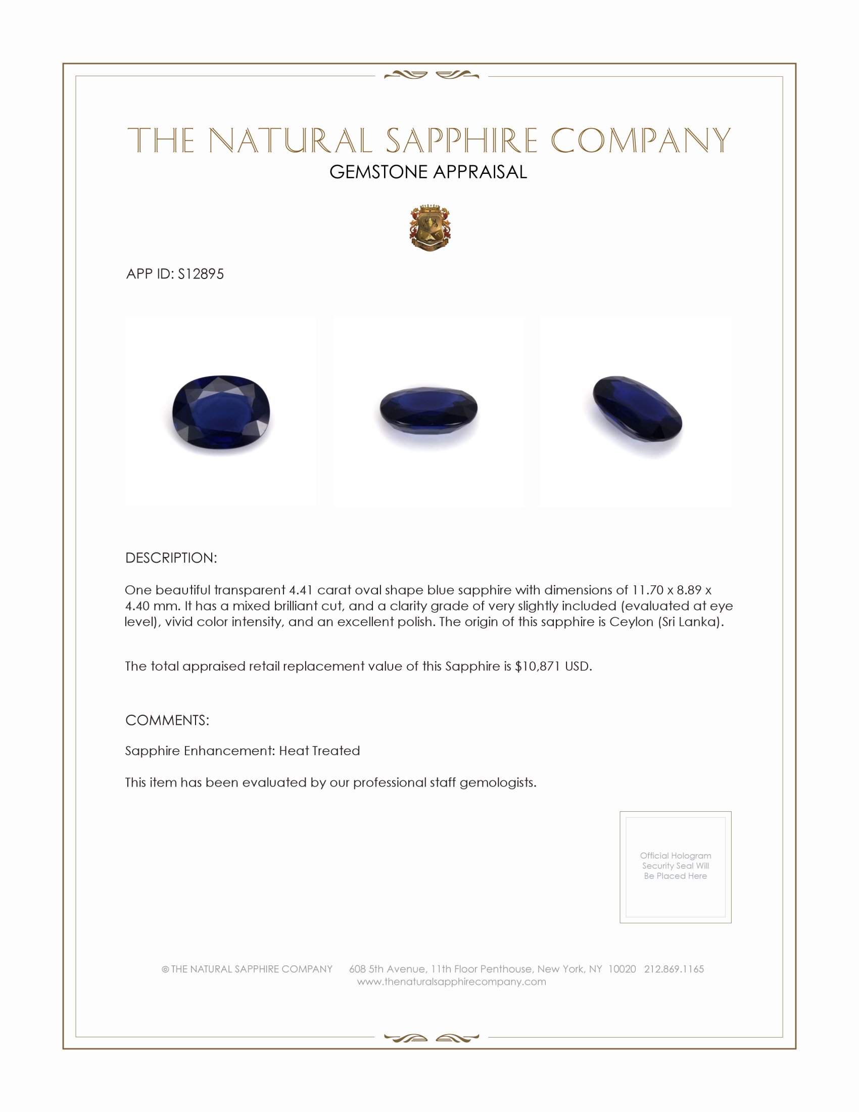 4.41 Ct. Blue Sapphire from Ceylon (Sri Lanka)