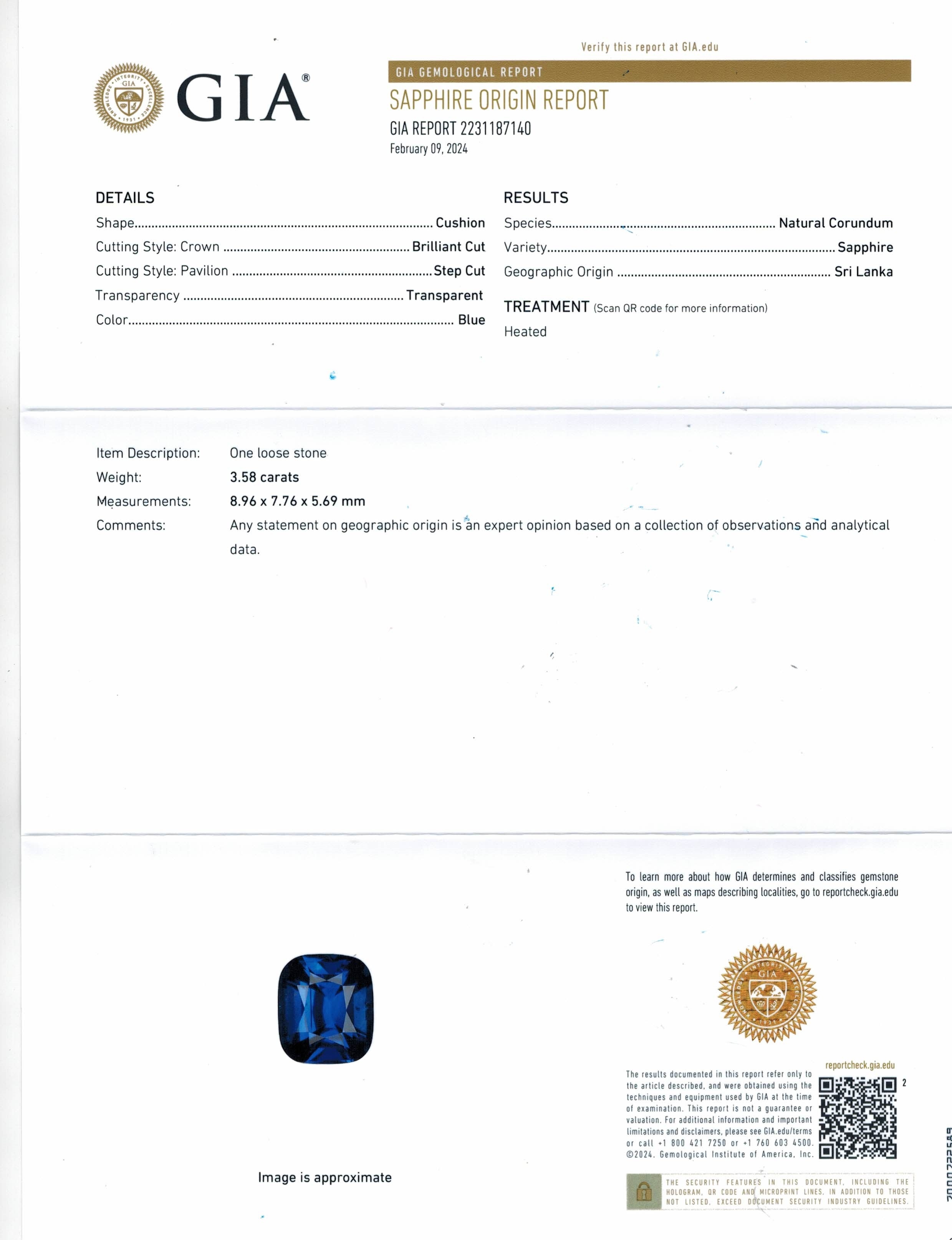 3.58 Ct. Blue Sapphire from Ceylon (Sri Lanka)