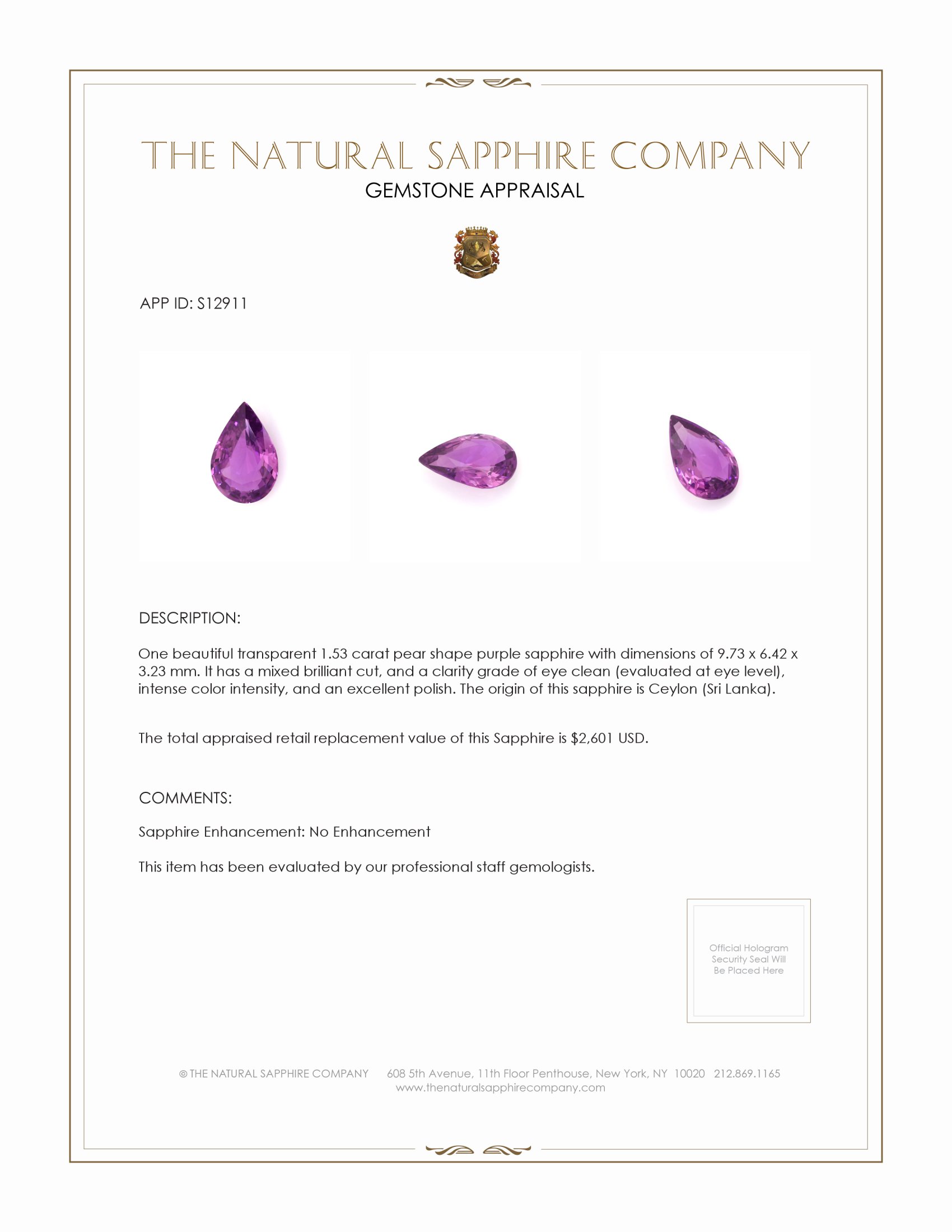 1.53 Ct. Purple Sapphire from Ceylon (Sri Lanka)