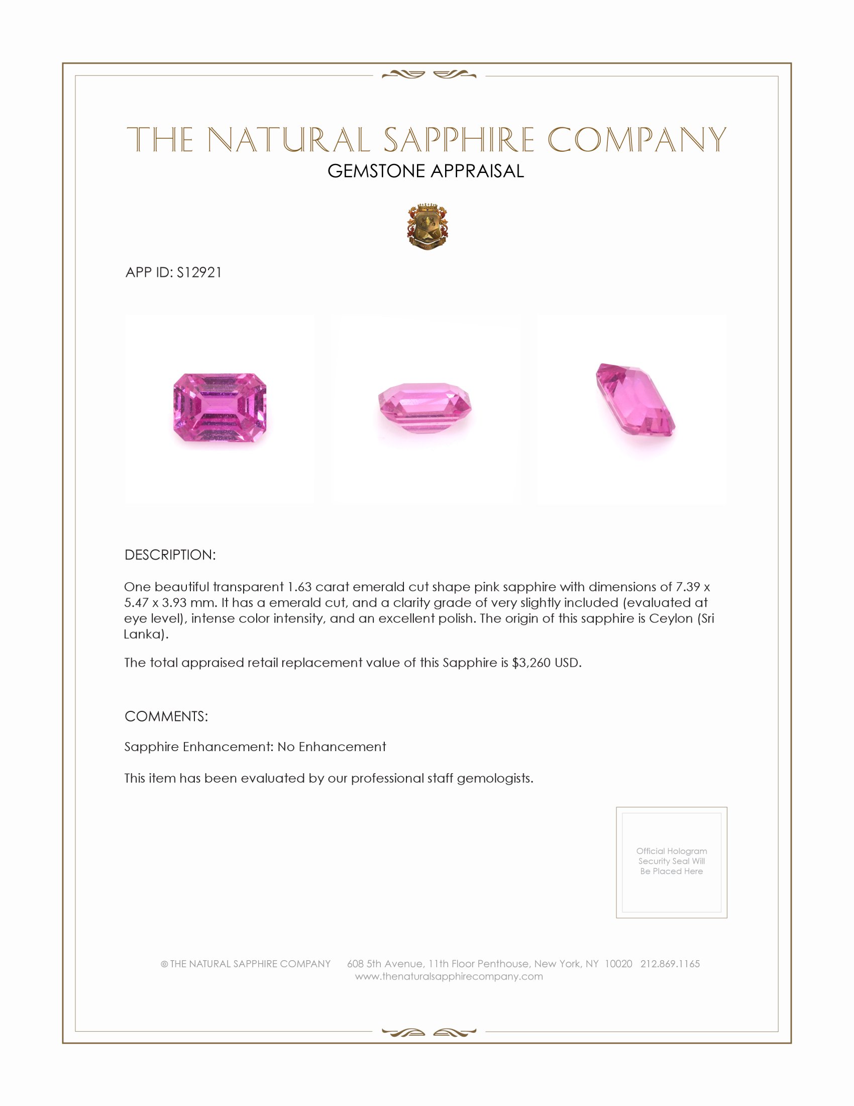 1.63 Ct. Pink Sapphire from Ceylon (Sri Lanka)