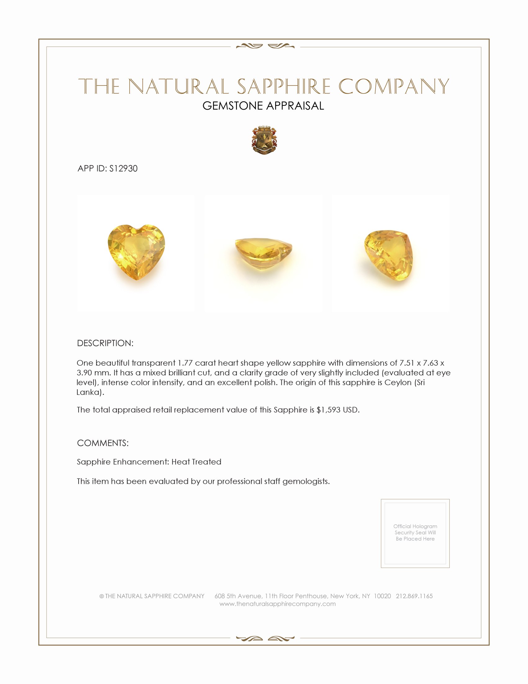 1.77 Ct. Yellow Sapphire from Ceylon (Sri Lanka)