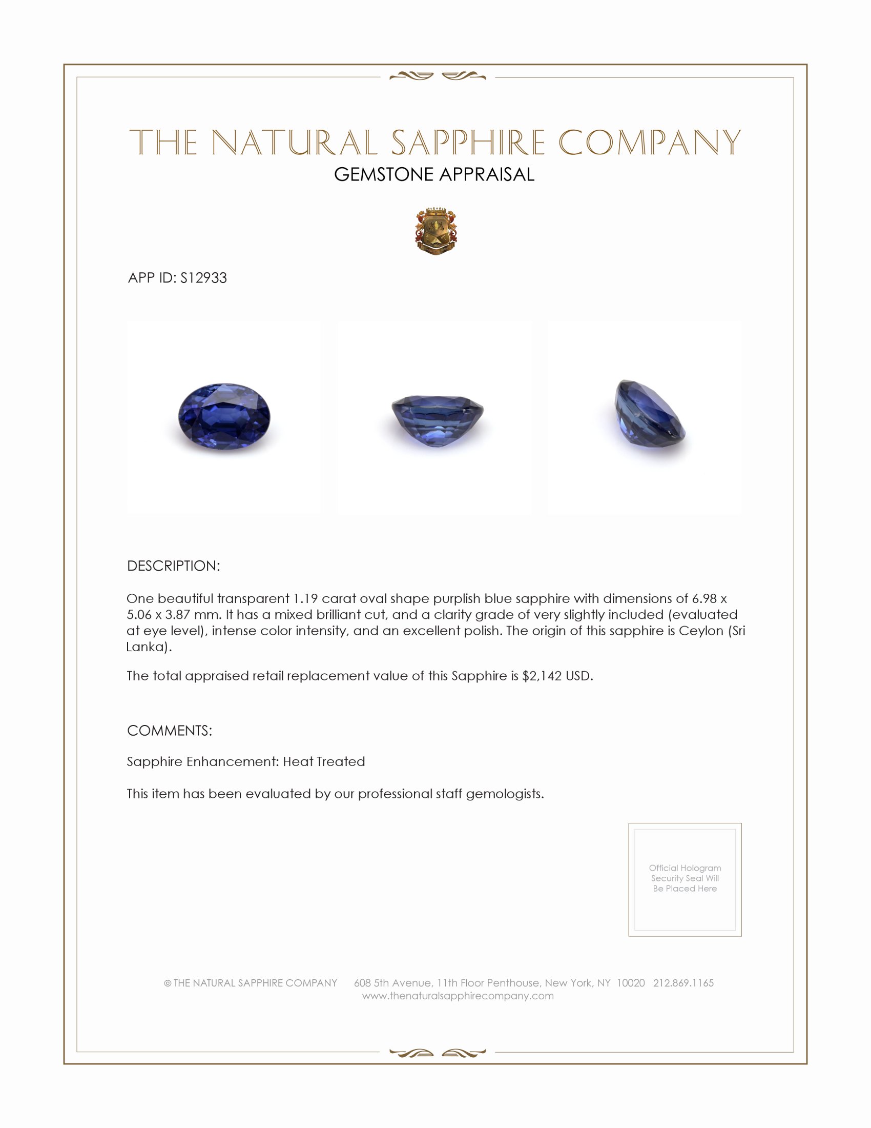 1.19 Ct. Purplish Blue Sapphire from Ceylon (Sri Lanka)