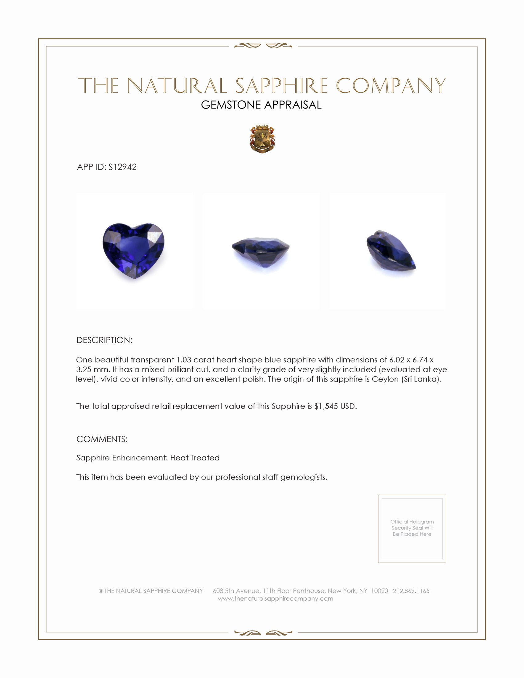 1.03 Ct. Blue Sapphire from Ceylon (Sri Lanka)
