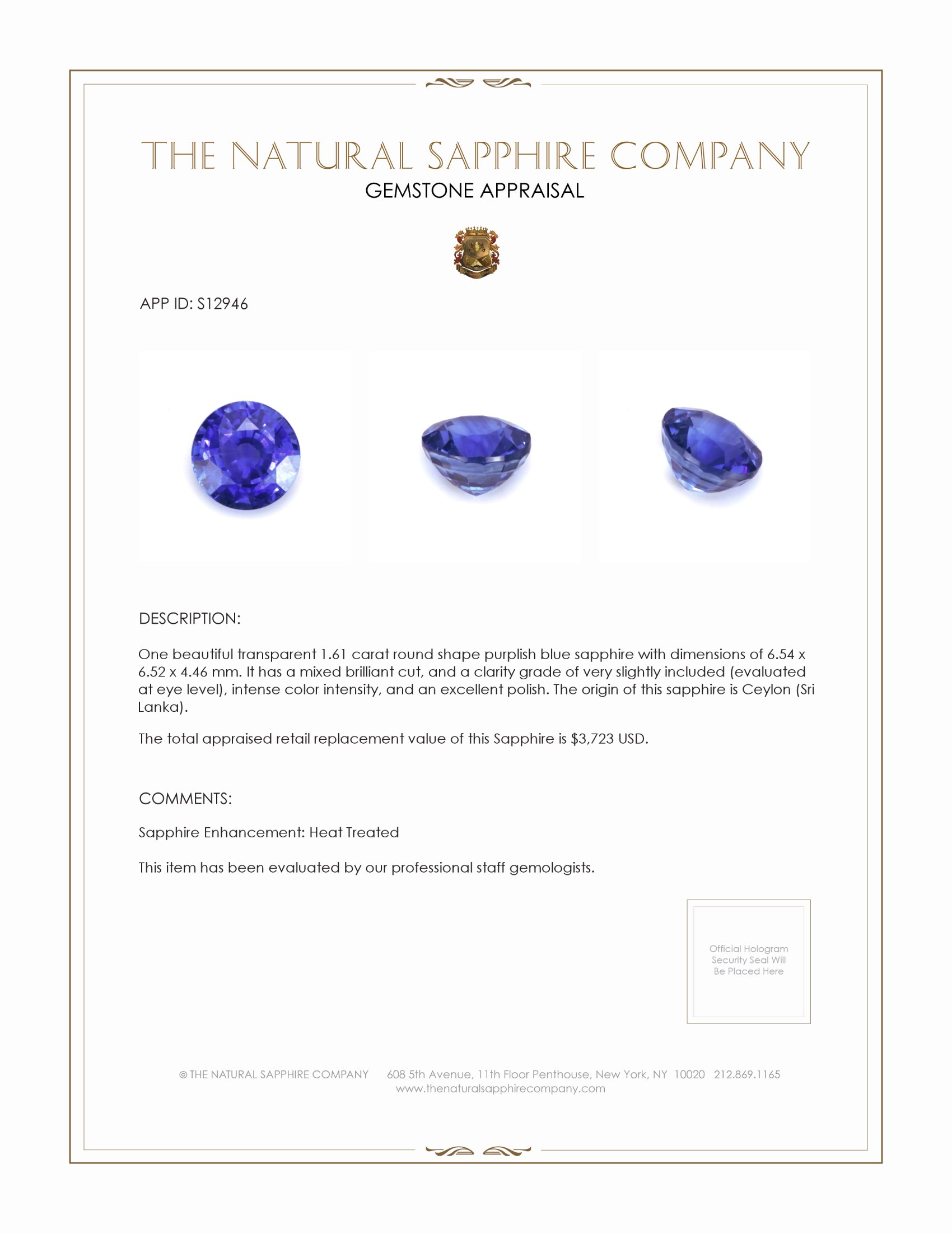 1.61 Ct. Purplish Blue Sapphire from Ceylon (Sri Lanka)