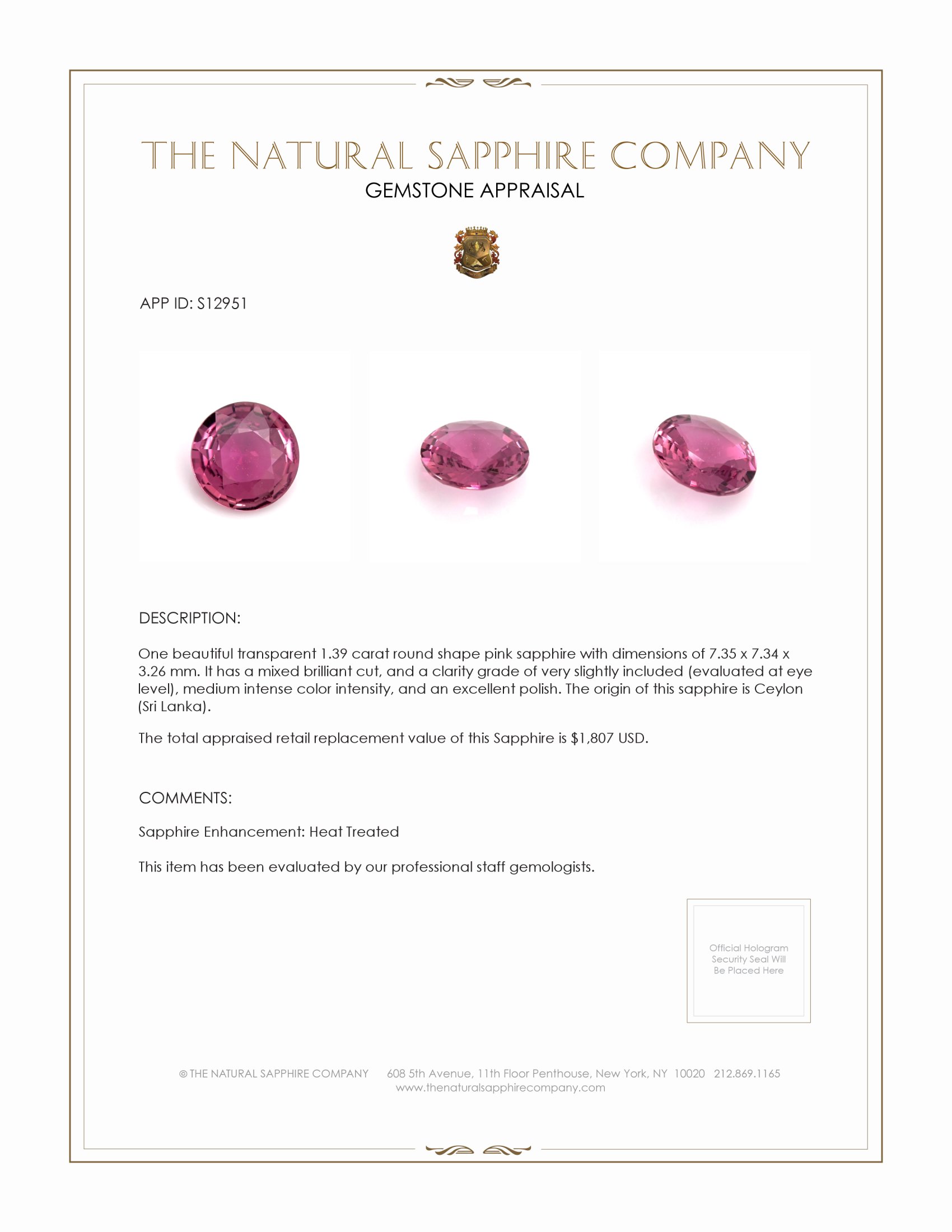 1.39 Ct. Pink Sapphire from Ceylon (Sri Lanka)
