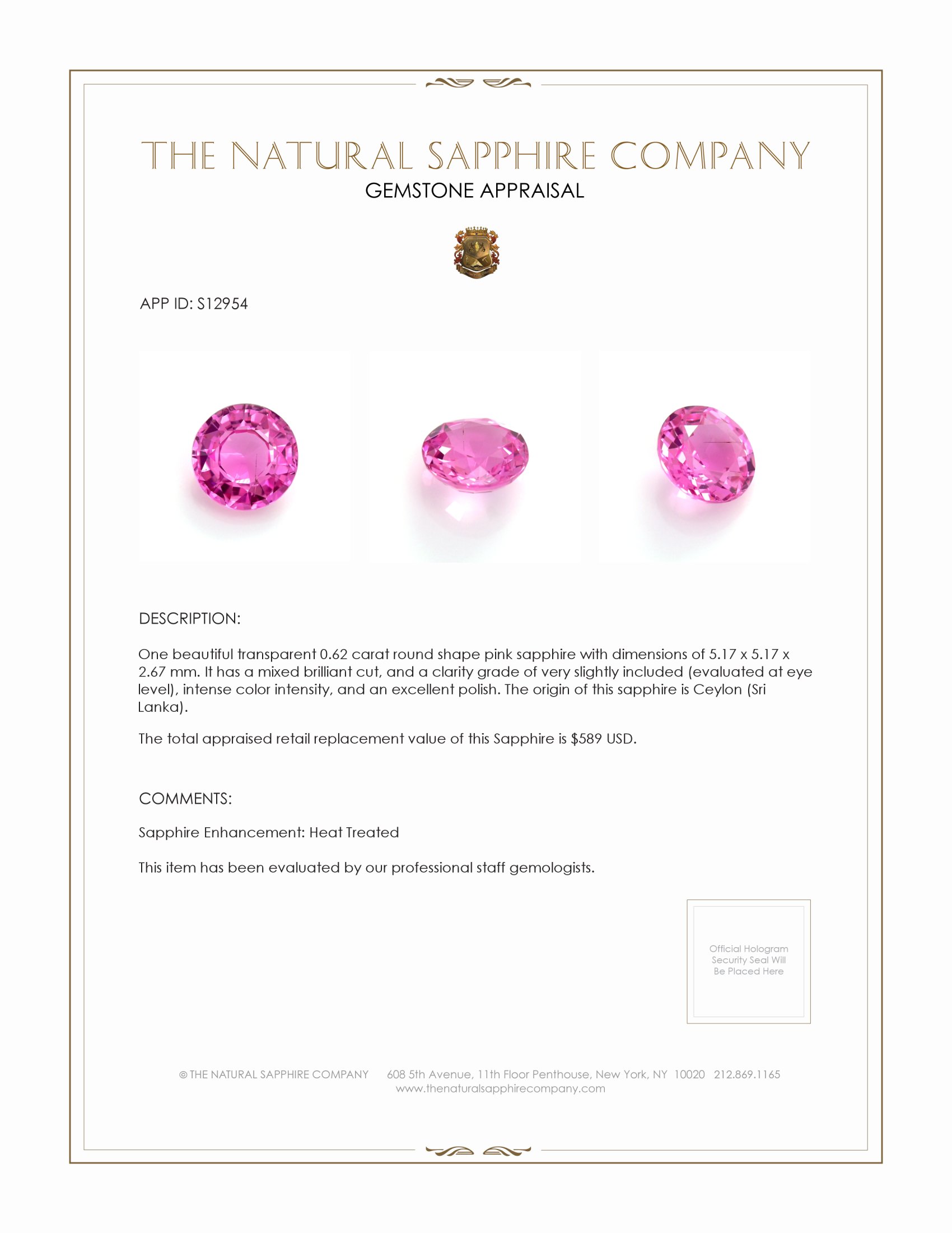 0.62 Ct. Pink Sapphire from Ceylon (Sri Lanka)