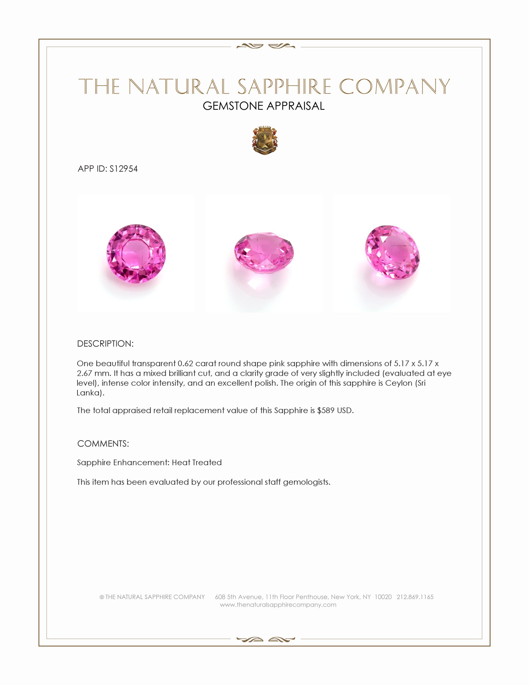 0.62 Ct. Pink Sapphire from Ceylon (Sri Lanka)