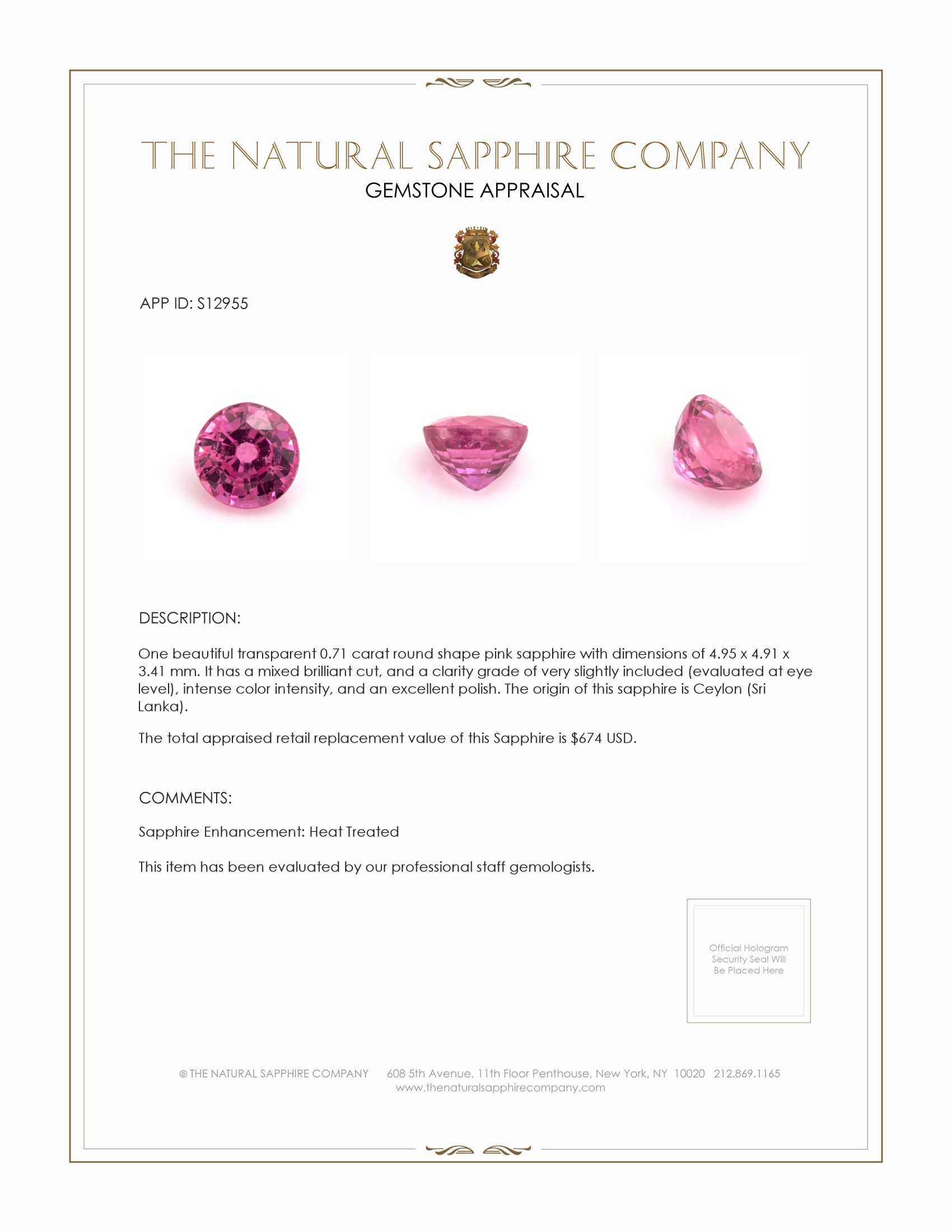 0.71 Ct. Pink Sapphire from Ceylon (Sri Lanka)