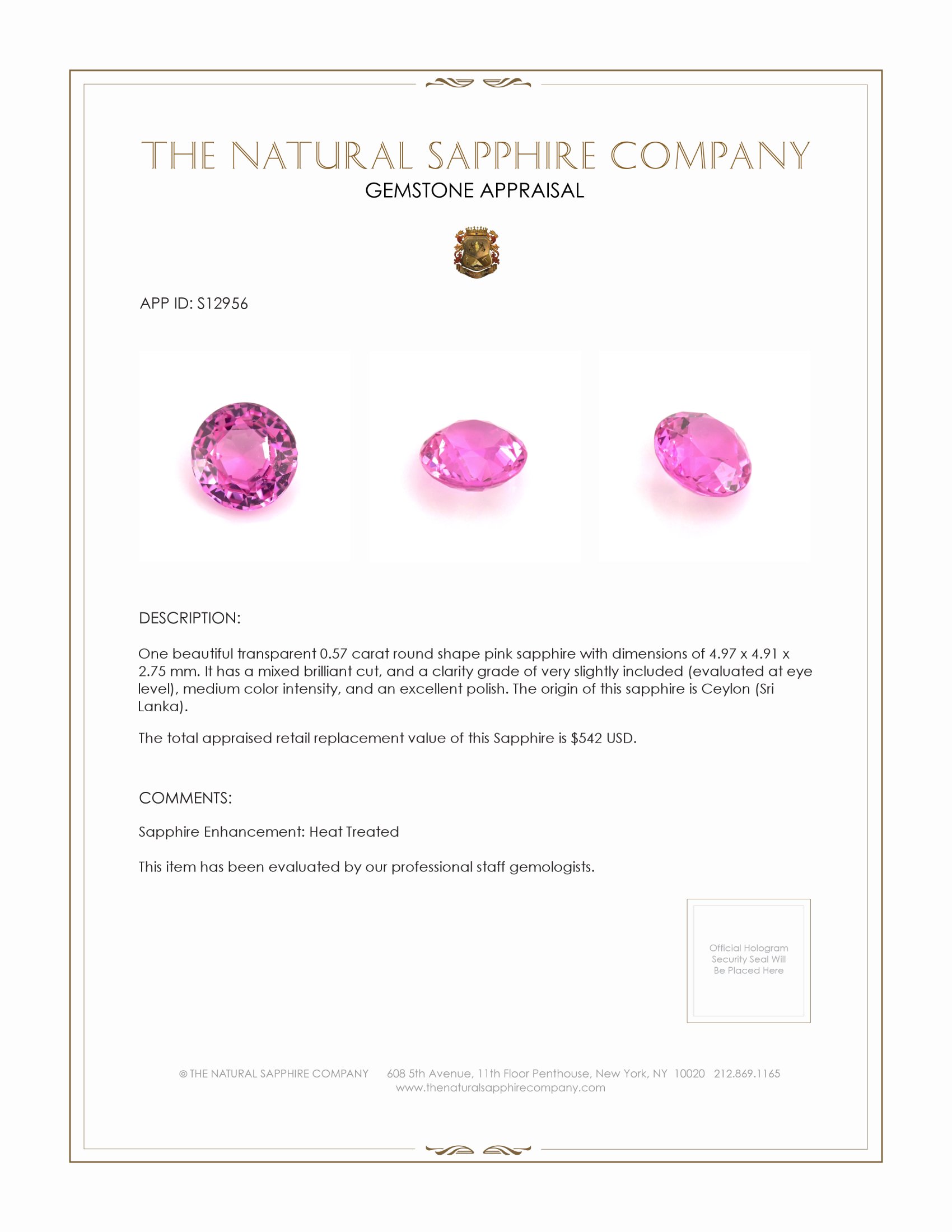 0.57 Ct. Pink Sapphire from Ceylon (Sri Lanka)