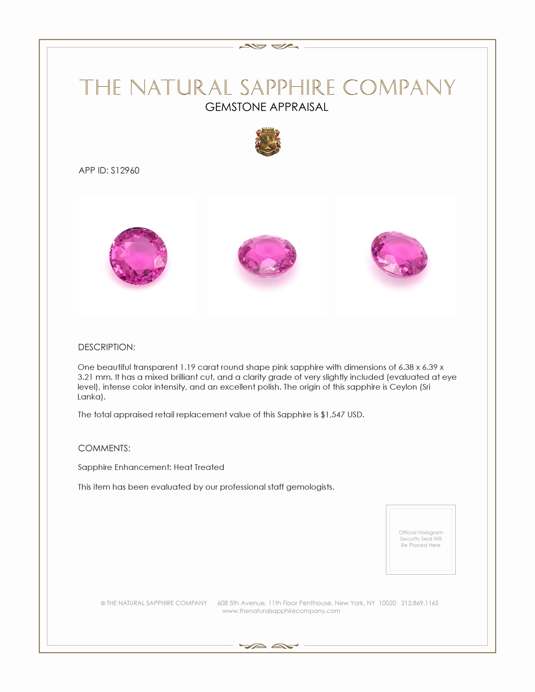 1.19 Ct. Pink Sapphire from Ceylon (Sri Lanka)